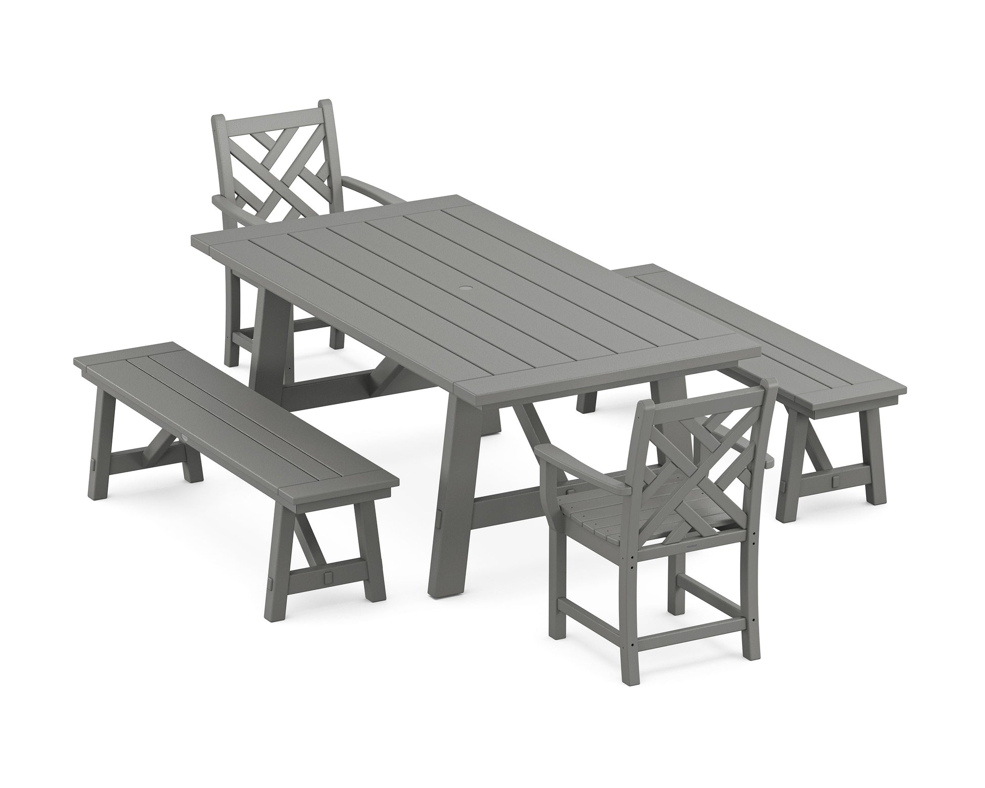 POLYWOOD Chippendale 5-Piece Rustic Farmhouse Dining Set With Benches — Slate Grey