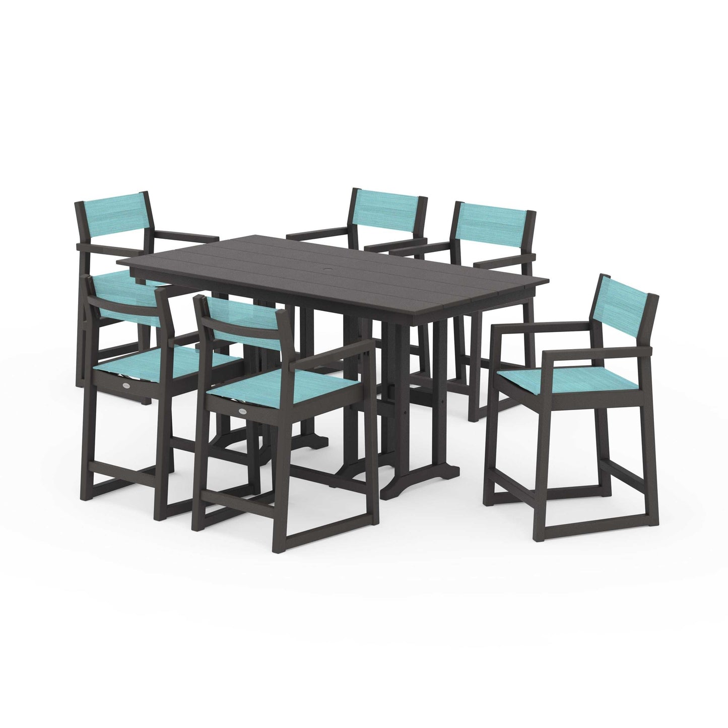 POLYWOOD EDGE Sling Arm Chair 7-Piece Farmhouse Counter Set — Vintage Coffee / Dupioni Aquamarine Sling
