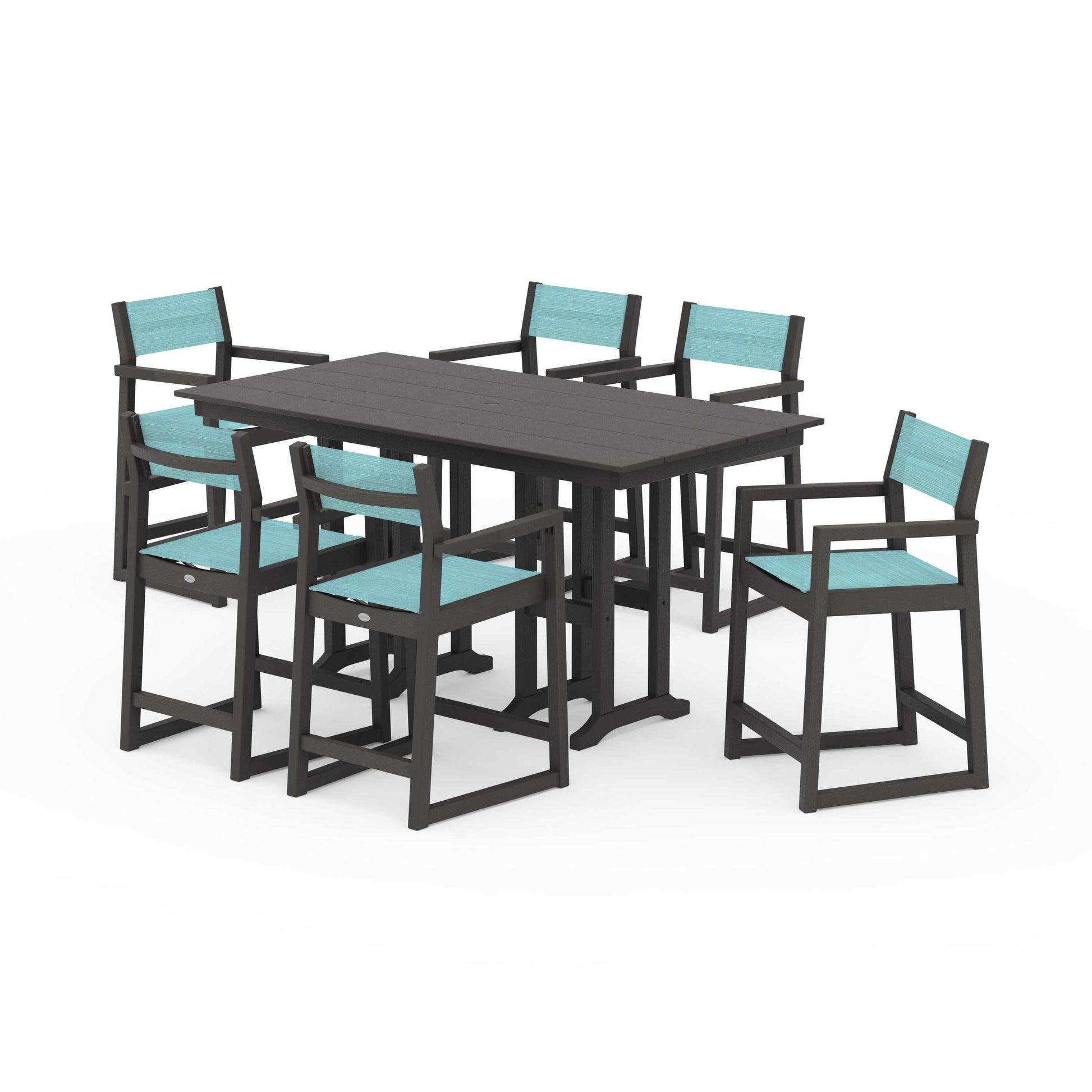 POLYWOOD EDGE Sling Arm Chair 7-Piece Farmhouse Counter Set — Vintage Coffee / Dupioni Aquamarine Sling