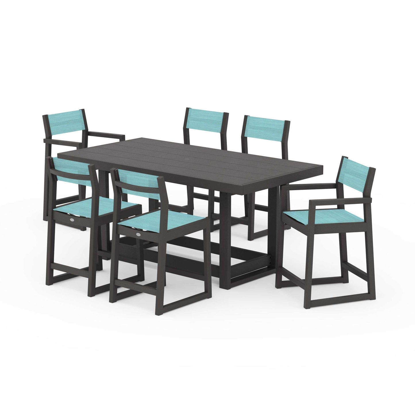 POLYWOOD EDGE Sling 7-Piece Counter Table Set — Vintage Coffee / Dupioni Aquamarine Sling