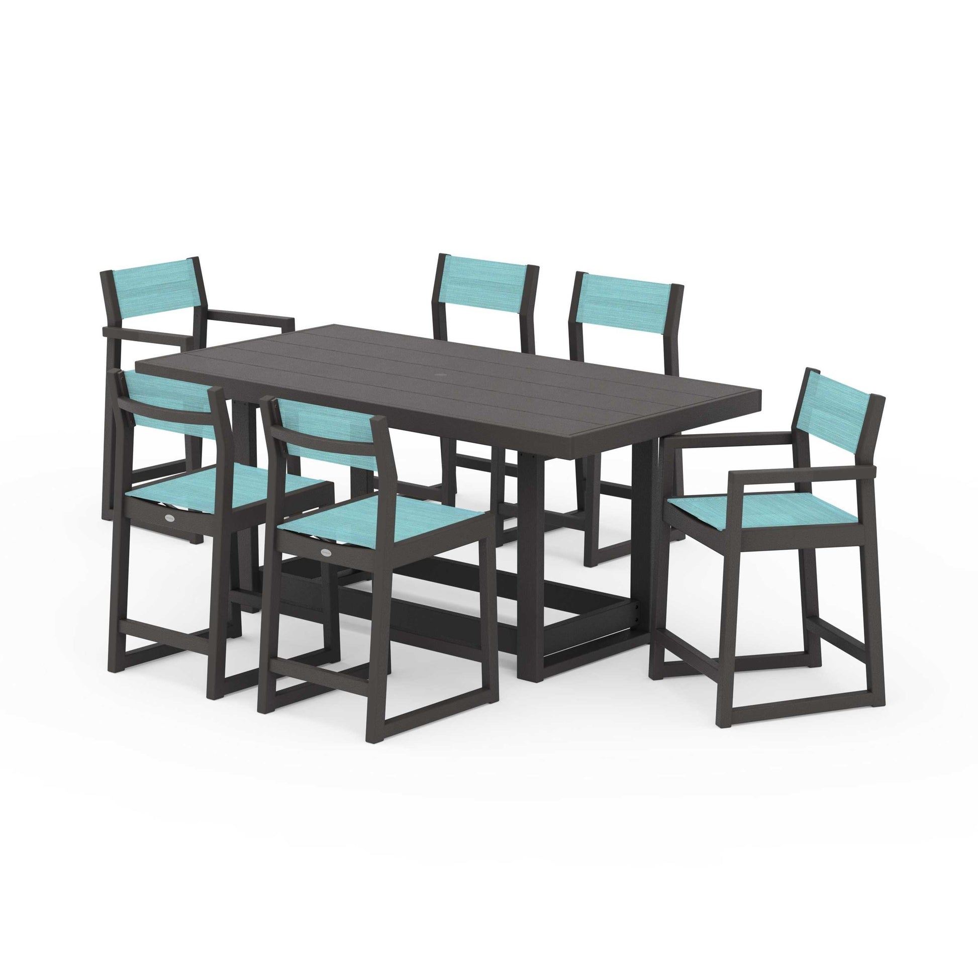 POLYWOOD EDGE Sling 7-Piece Counter Table Set — Vintage Coffee / Dupioni Aquamarine Sling