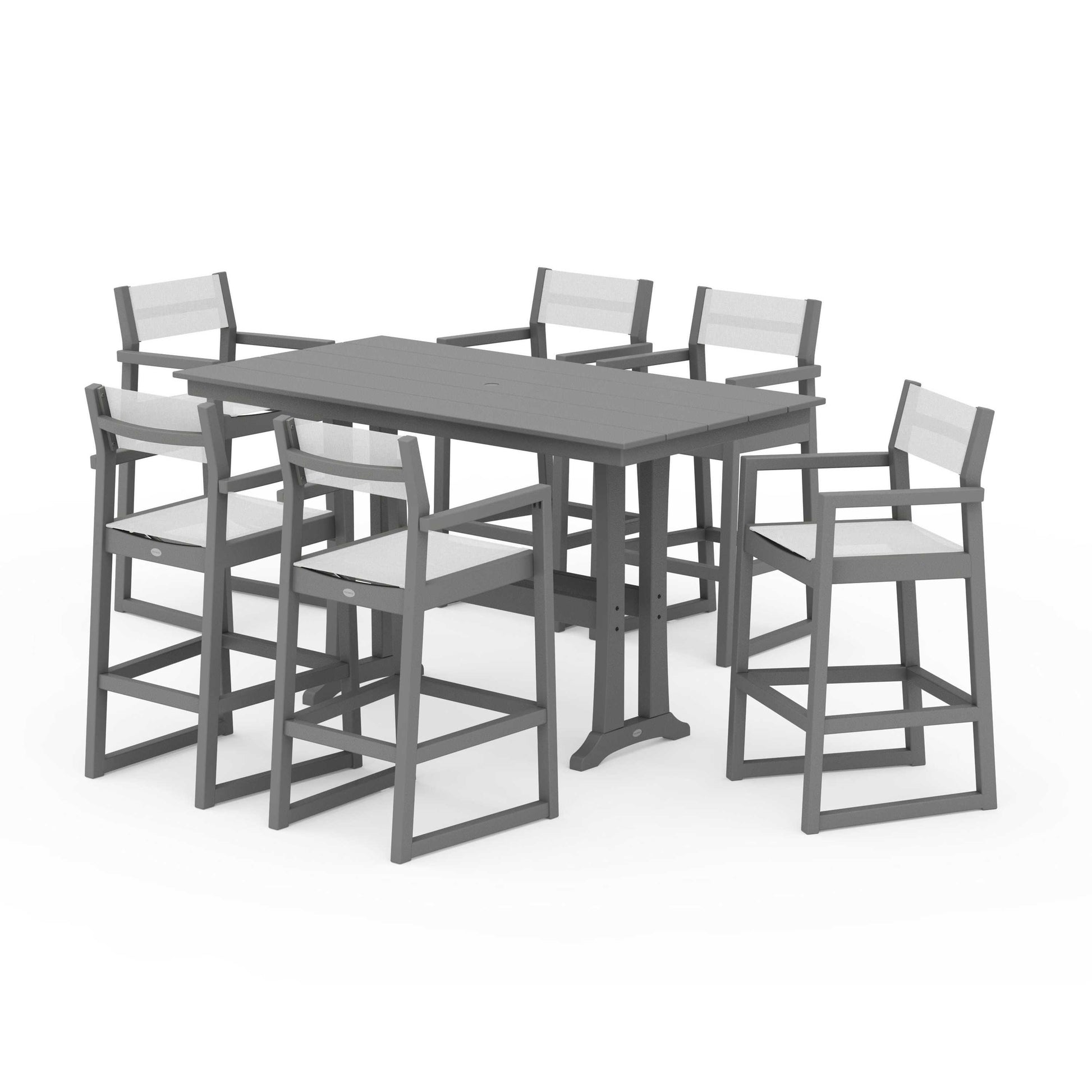 POLYWOOD EDGE Sling Arm Chair 7-Piece Farmhouse Bar Set with Trestle Legs — Slate Grey / White Sling