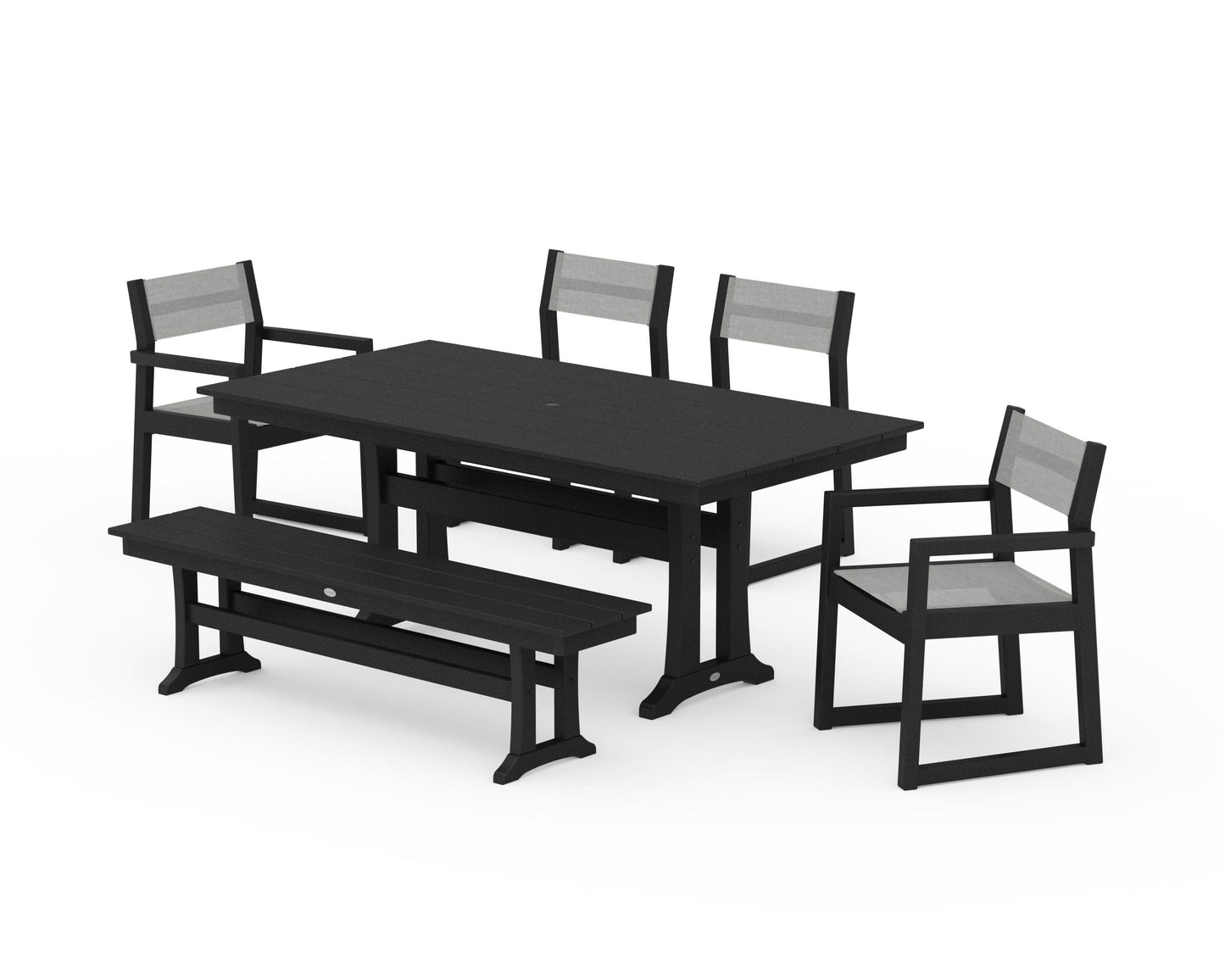 POLYWOOD EDGE Sling 6-Piece Farmhouse Dining Set With Trestle Legs — Black / Metallic Sling