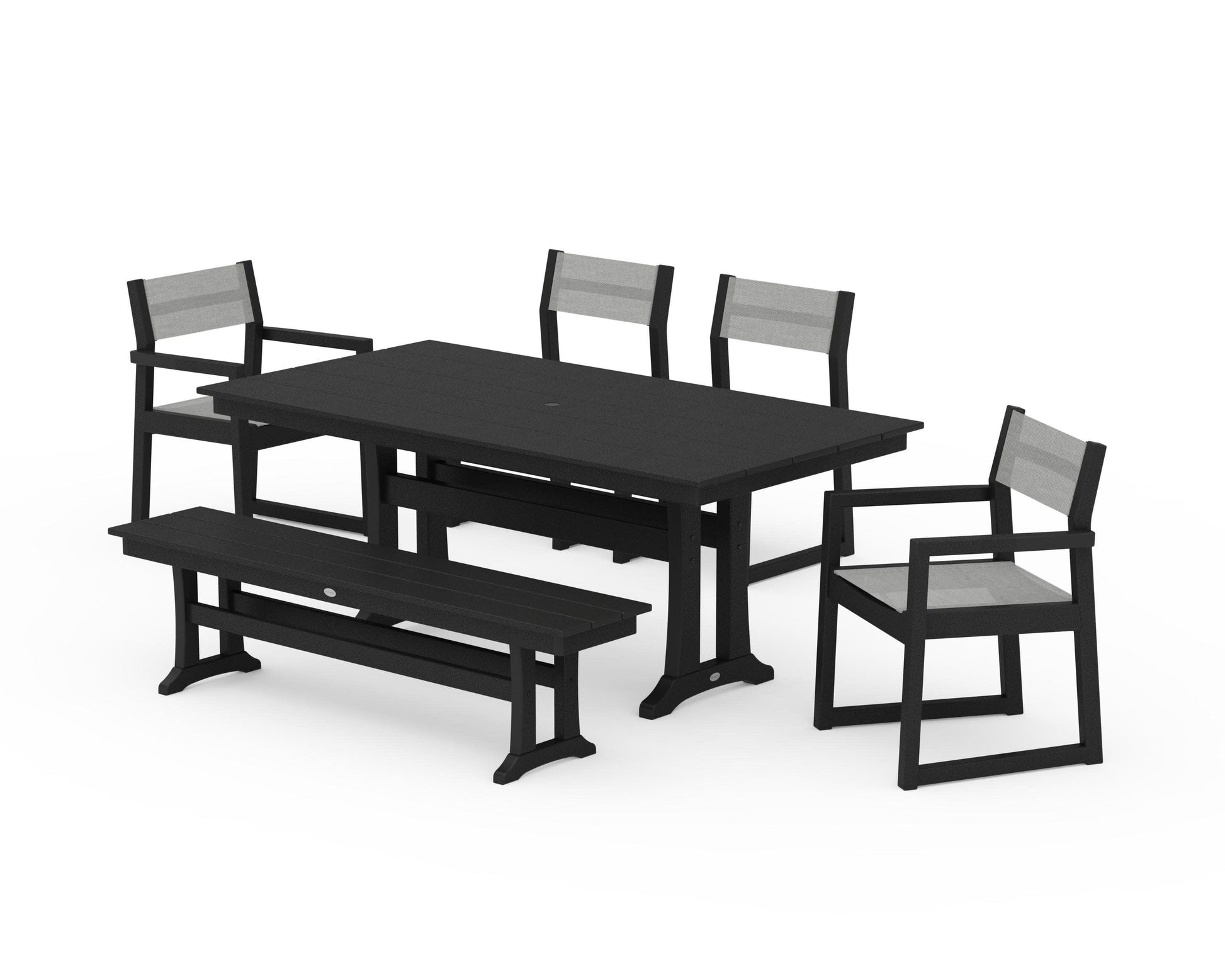 POLYWOOD EDGE Sling 6-Piece Farmhouse Dining Set With Trestle Legs — Black / Metallic Sling
