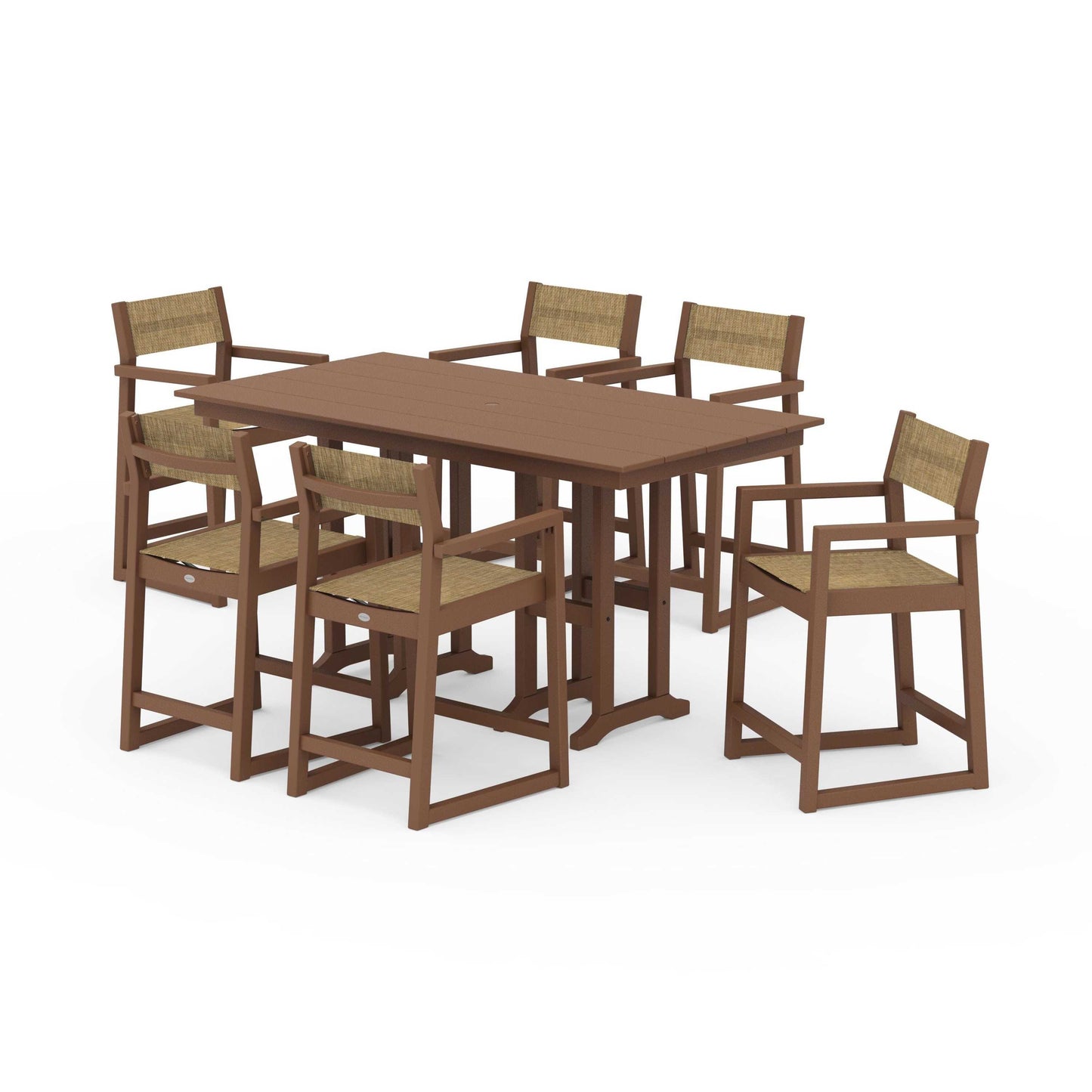 POLYWOOD EDGE Sling Arm Chair 7-Piece Farmhouse Counter Set — Teak / Burlap Sling