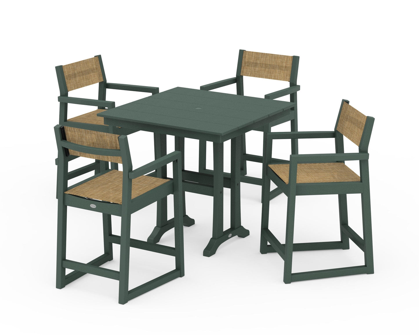 POLYWOOD EDGE Sling Arm Chair 5-Piece Farmhouse Counter Set with Trestle Legs — Green / Burlap Sling