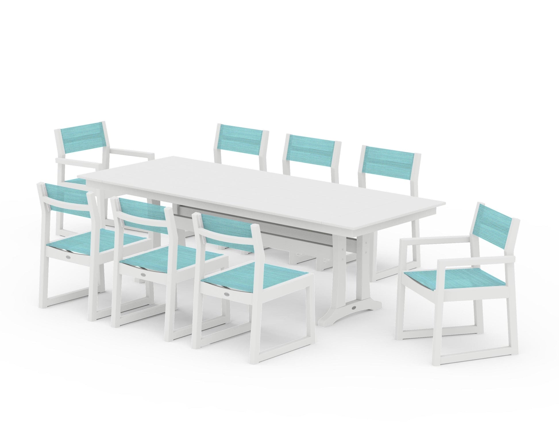 POLYWOOD EDGE Sling 9-Piece Farmhouse Trestle Dining Set — White / Dupioni Aquamarine Sling