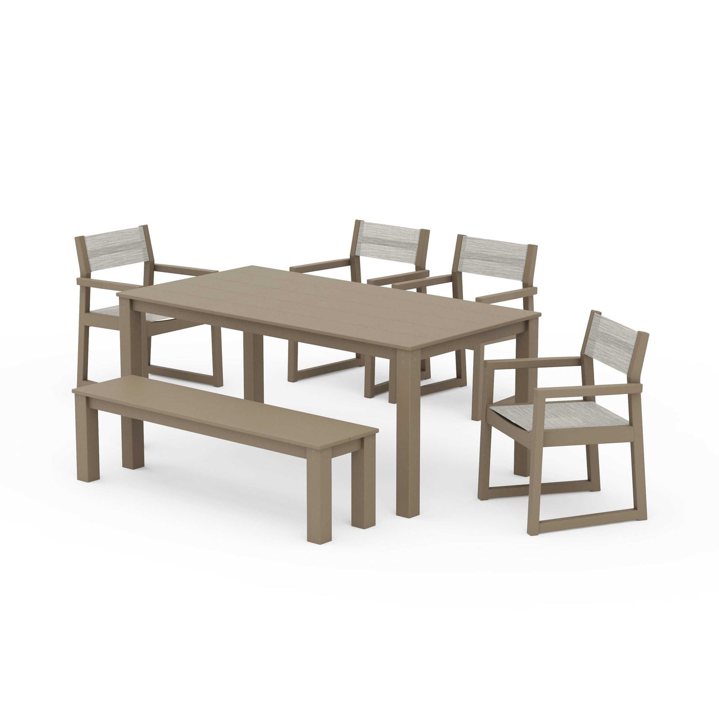 POLYWOOD EDGE Sling Arm Chair 6-Piece Parsons Dining Set with Bench — Vintage Sahara / Birch Sling