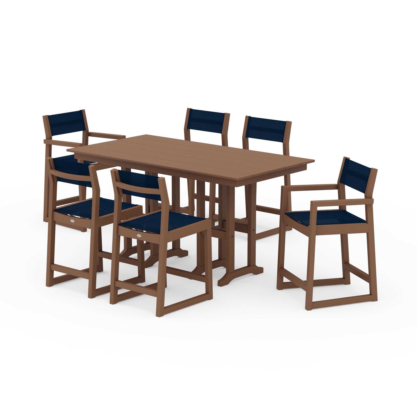 POLYWOOD EDGE Sling 7-Piece Farmhouse Counter Set with Trestle Legs — Teak / Navy Blue Sling