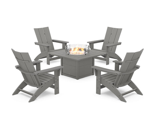 POLYWOOD 5-Piece Modern Grand Adirondack Conversation Set with Fire Pit Table — Slate Grey