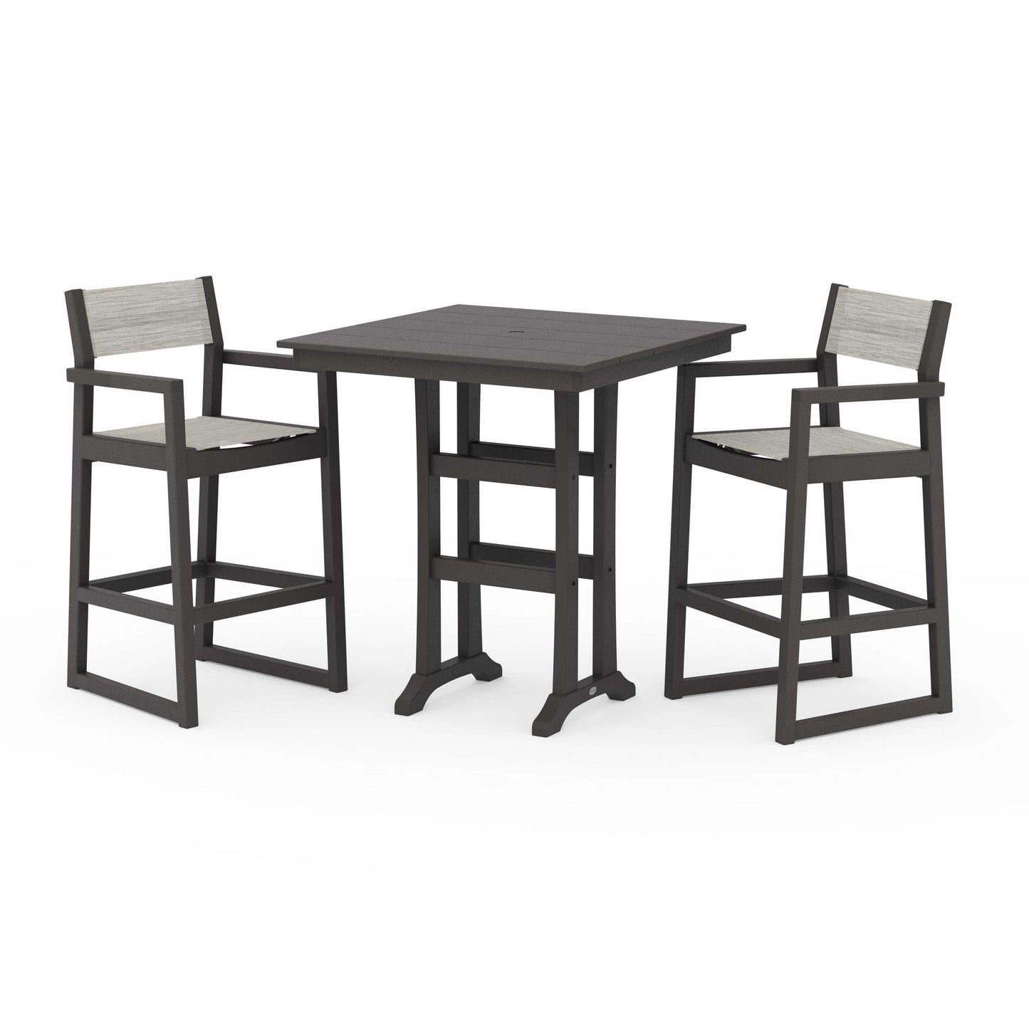 POLYWOOD EDGE Sling Arm Chair 3-Piece Farmhouse Bar Set with Trestle Legs — Vintage Coffee / Birch Sling