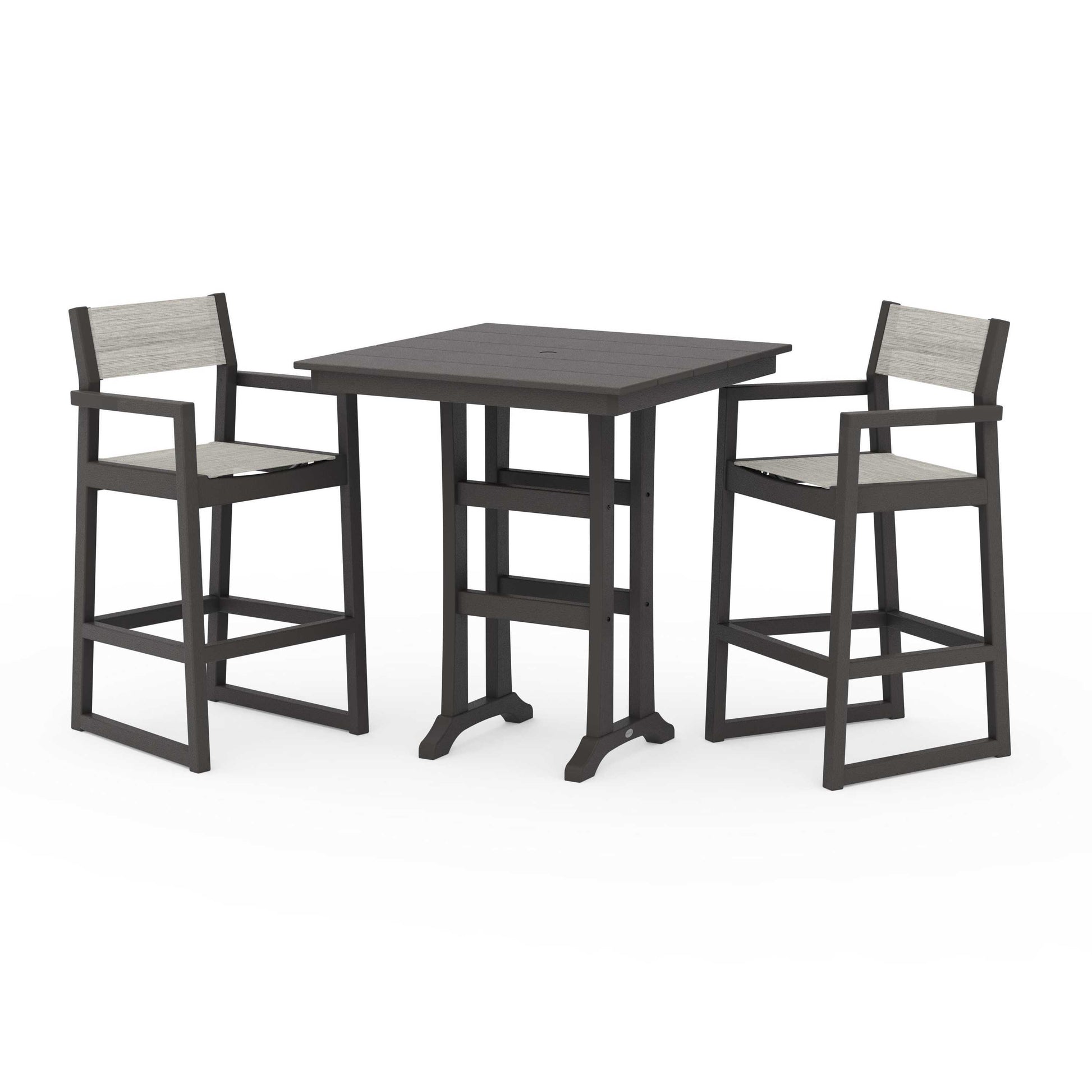POLYWOOD EDGE Sling Arm Chair 3-Piece Farmhouse Bar Set with Trestle Legs — Vintage Coffee / Birch Sling