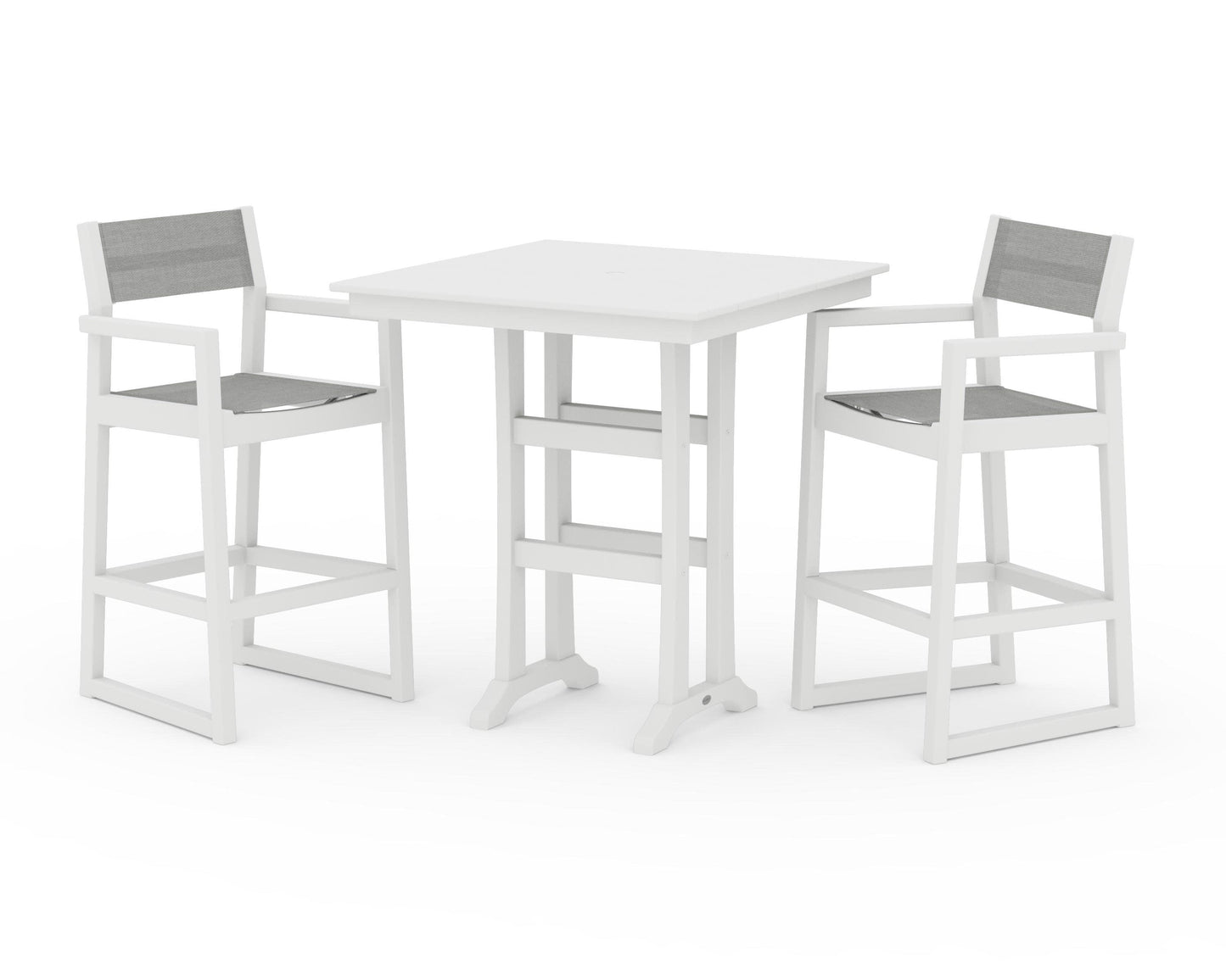 POLYWOOD EDGE Sling Arm Chair 3-Piece Farmhouse Bar Set with Trestle Legs — White / Metallic Sling