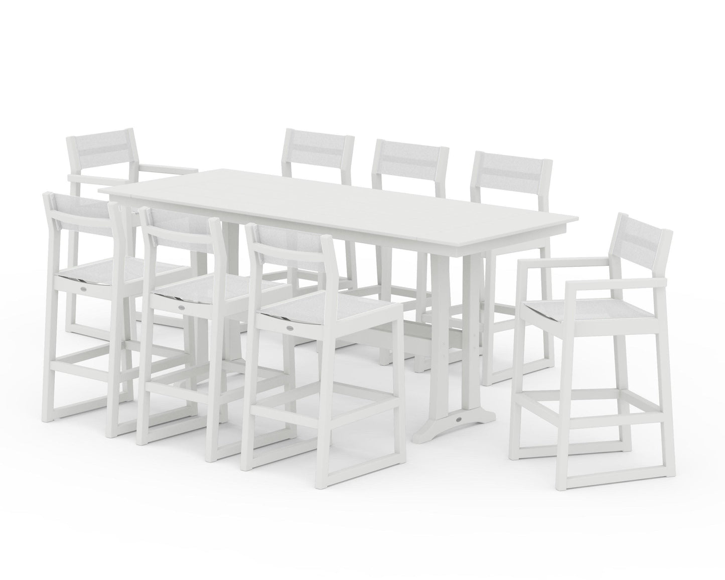 POLYWOOD EDGE Sling 9-Piece Farmhouse Bar Set with Trestle Legs — Vintage White / White Sling