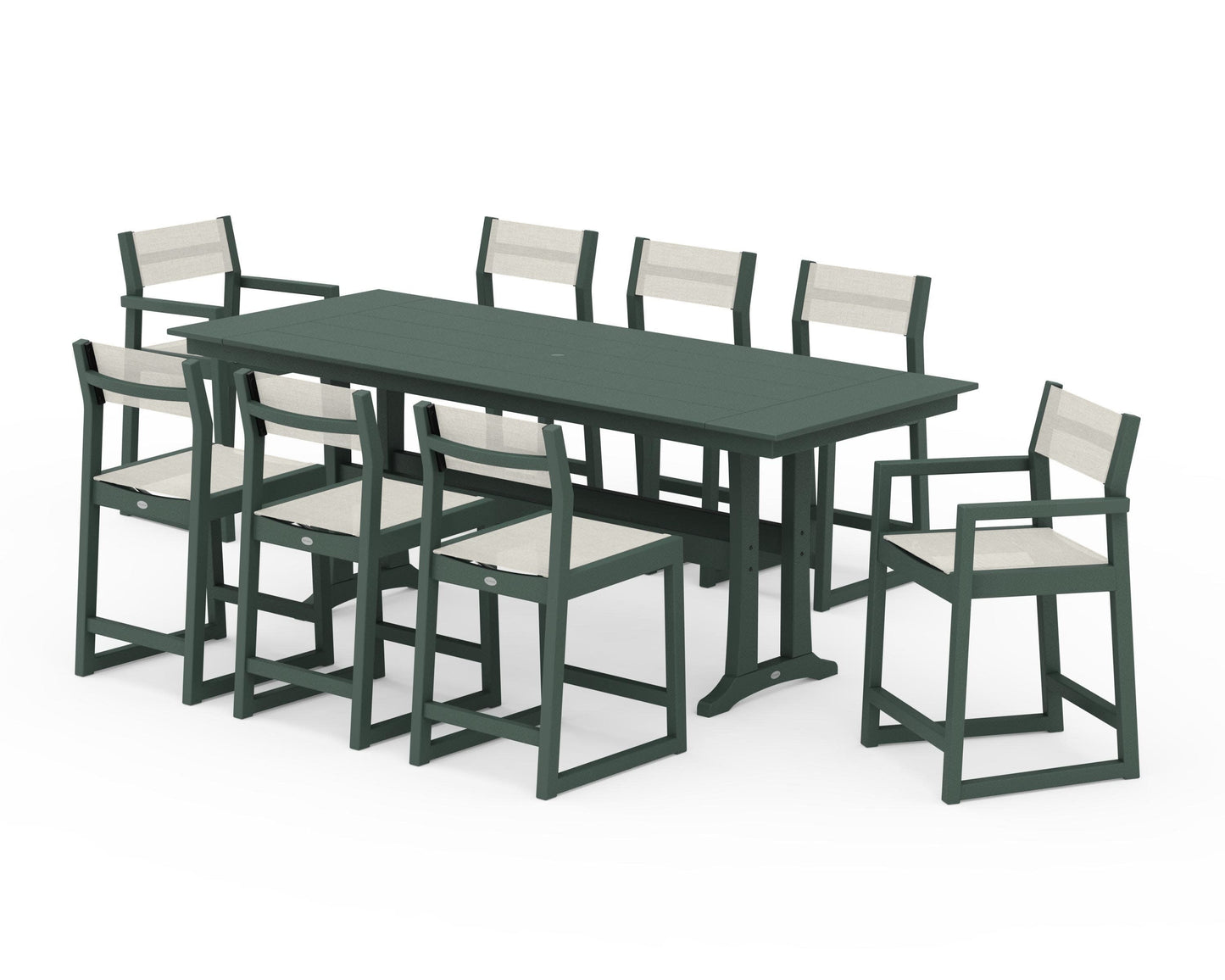POLYWOOD EDGE Sling 9-Piece Farmhouse Counter Set with Trestle Legs — Green / Parchment Sling