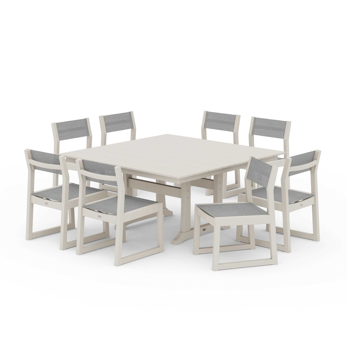 POLYWOOD EDGE Sling Side Chair 9-Piece Farmhouse Trestle Dining Set — Sand / Metallic Sling