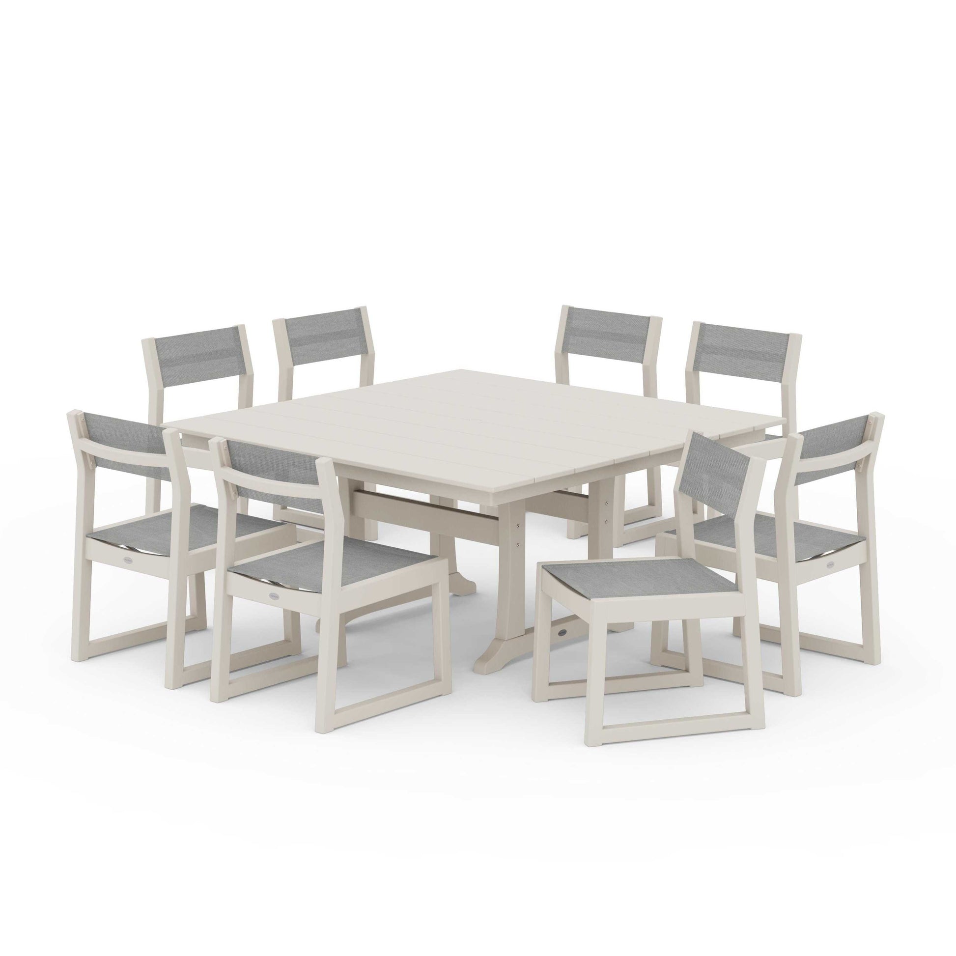 POLYWOOD EDGE Sling Side Chair 9-Piece Farmhouse Trestle Dining Set — Sand / Metallic Sling