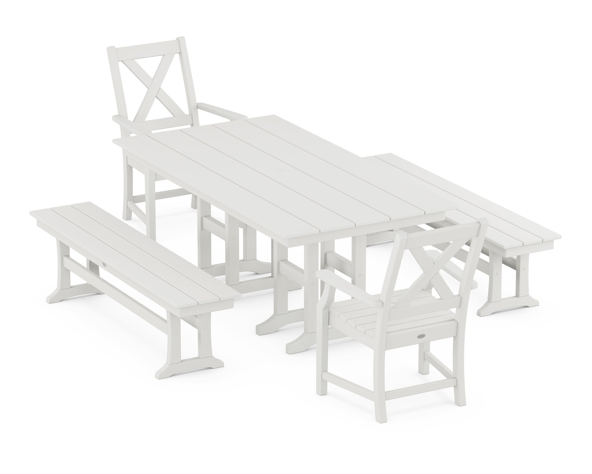 POLYWOOD Braxton 5-Piece Farmhouse Dining Set with Benches — Vintage White