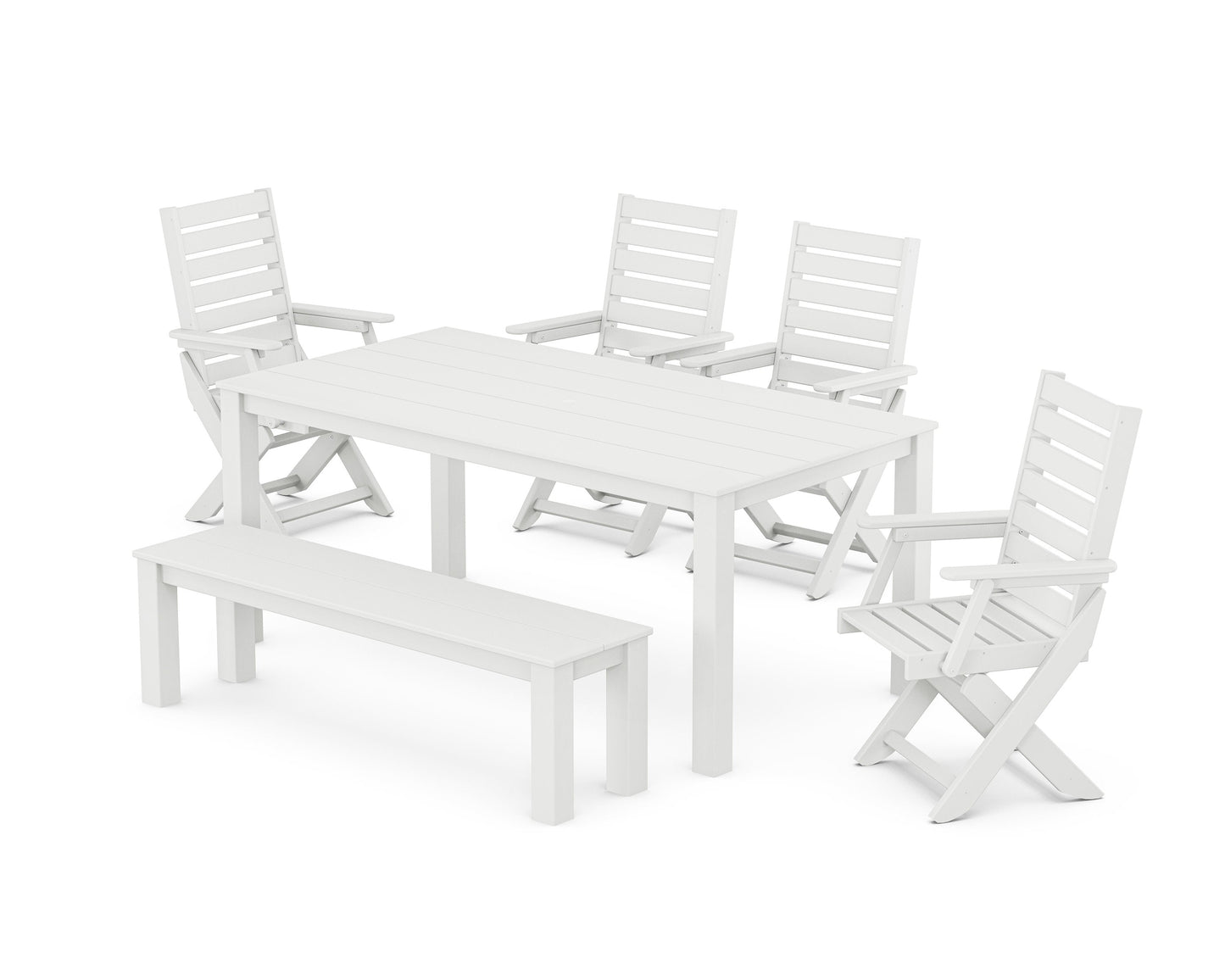 POLYWOOD Captain Folding Chair 6-Piece Parsons Dining Set with Bench — White