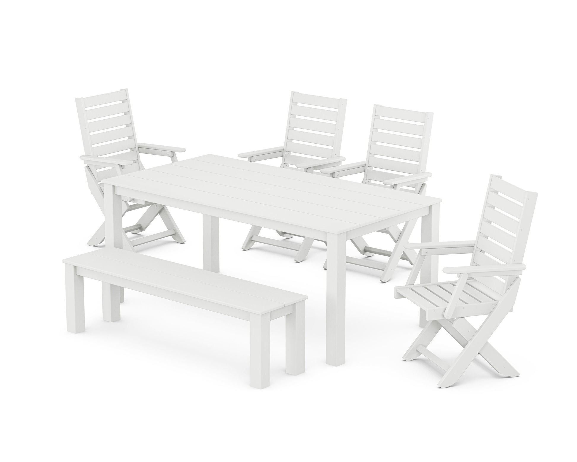 POLYWOOD Captain Folding Chair 6-Piece Parsons Dining Set with Bench — White