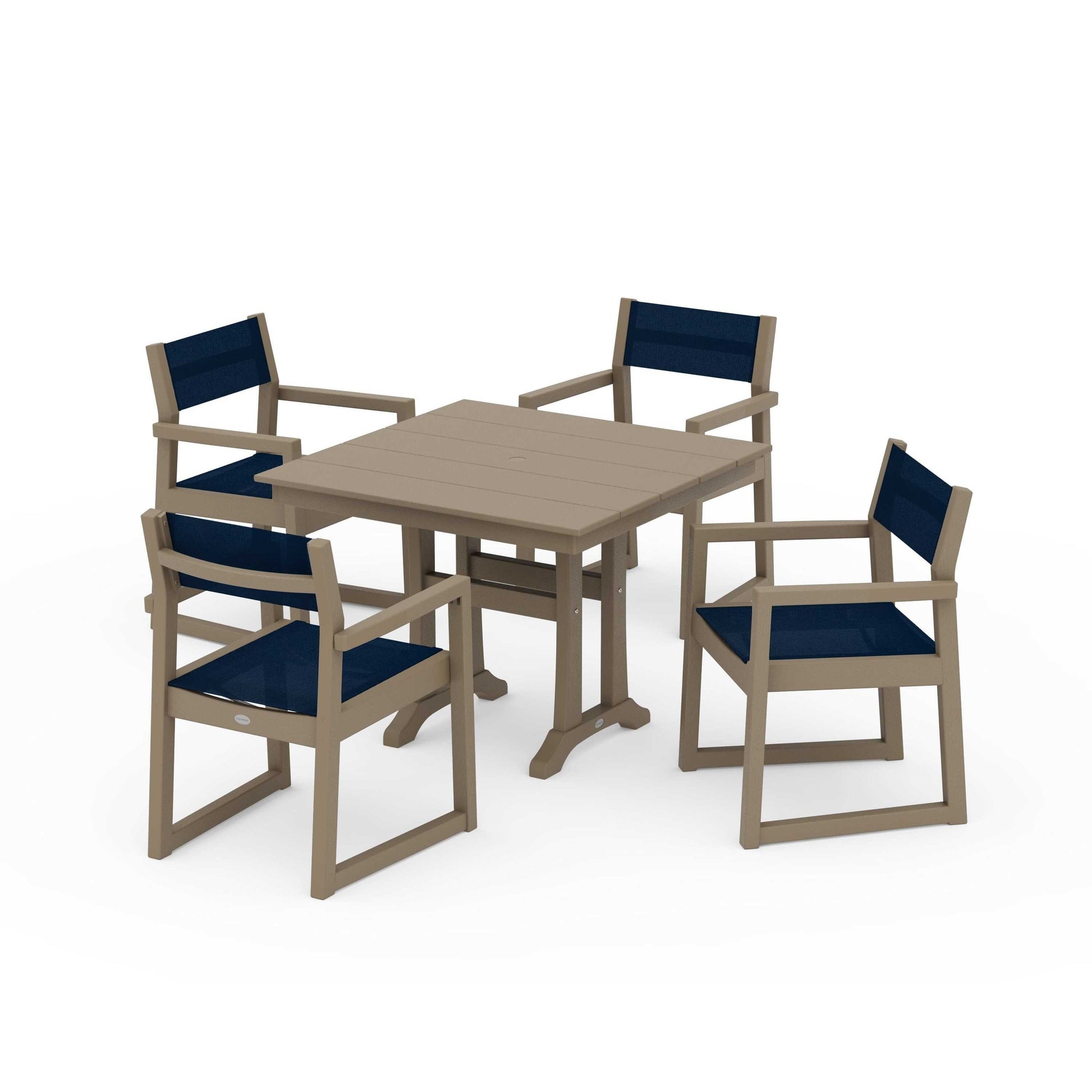 POLYWOOD EDGE Sling 5-Piece Farmhouse Dining Set with Trestle Legs — Vintage Sahara / Navy Blue Sling