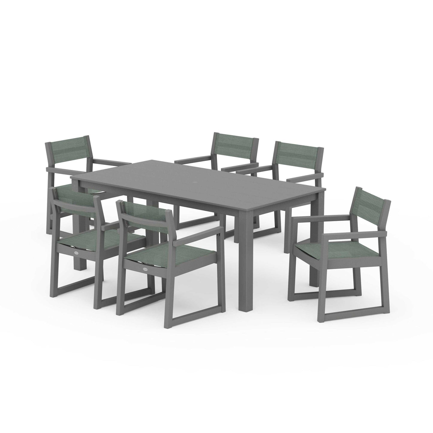 POLYWOOD EDGE Sling Arm Chair 7-Piece Parsons Dining Set — Slate Grey / Dupioni Sea Mist Sling