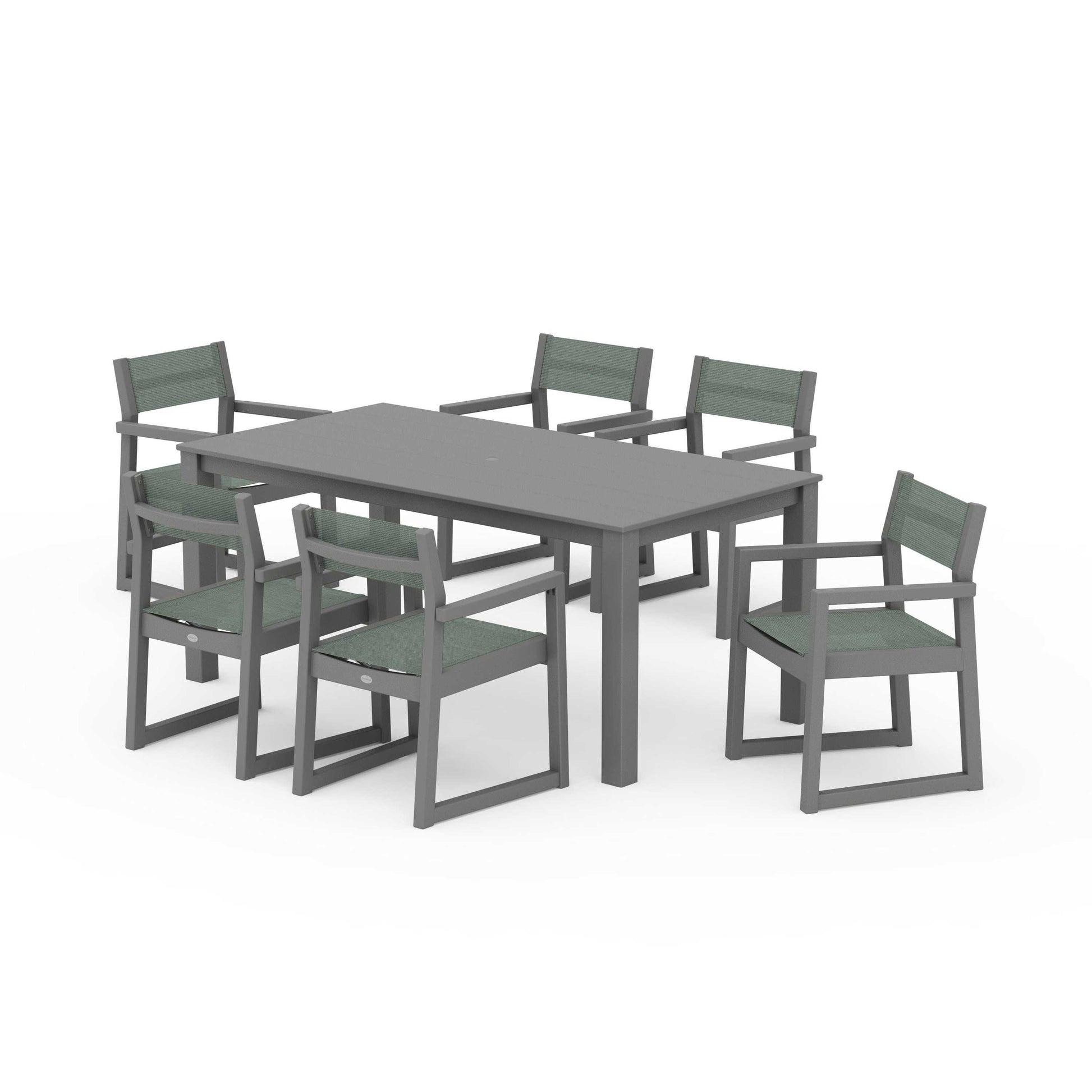 POLYWOOD EDGE Sling Arm Chair 7-Piece Parsons Dining Set — Slate Grey / Dupioni Sea Mist Sling