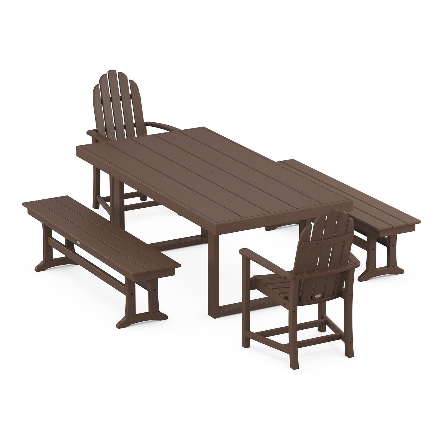 POLYWOOD Classic Adirondack 5-Piece Dining Set with Benches — Mahogany