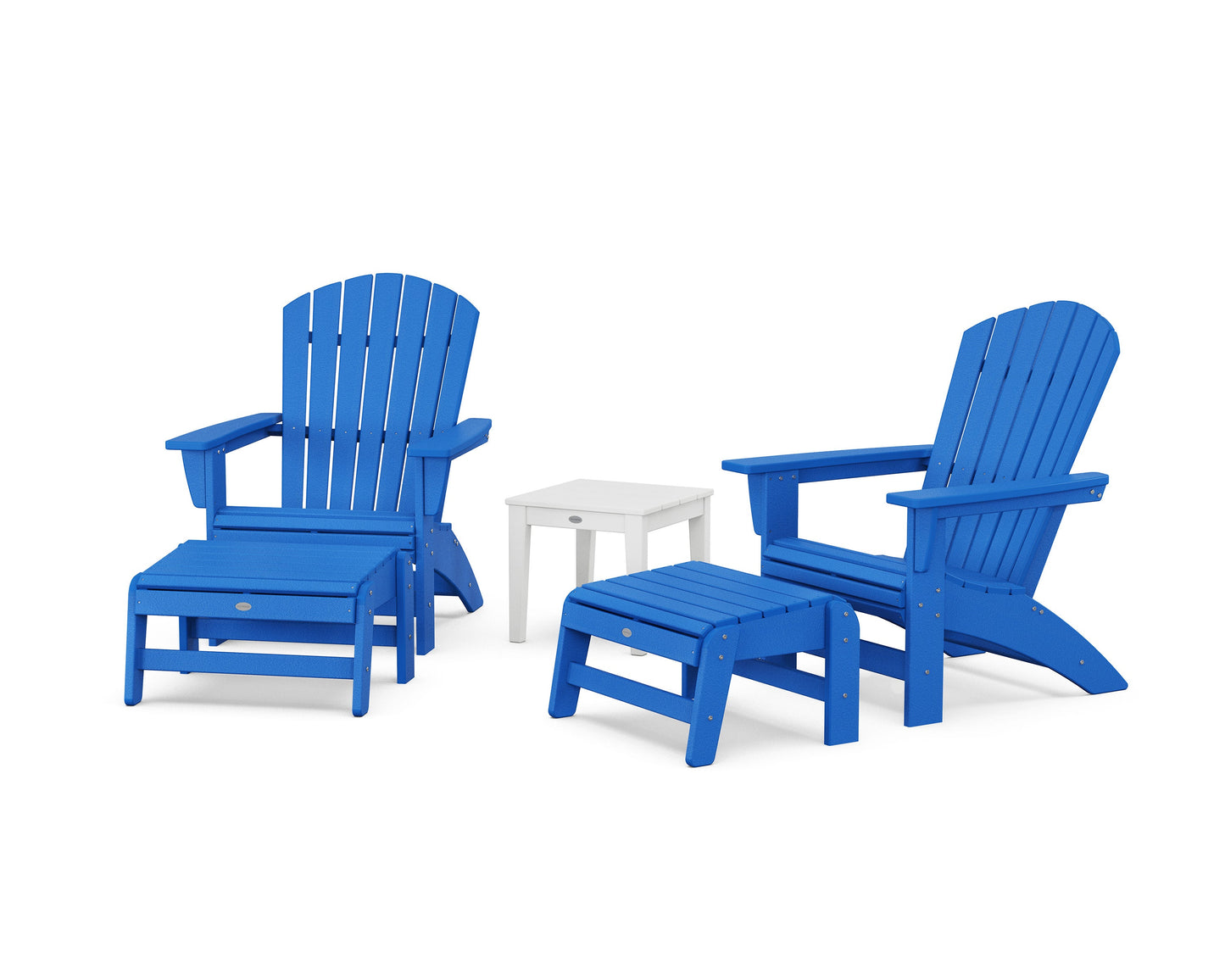 POLYWOOD 5-Piece Nautical Grand Adirondack Set with Ottomans and Side Table — Pacific Blue / White