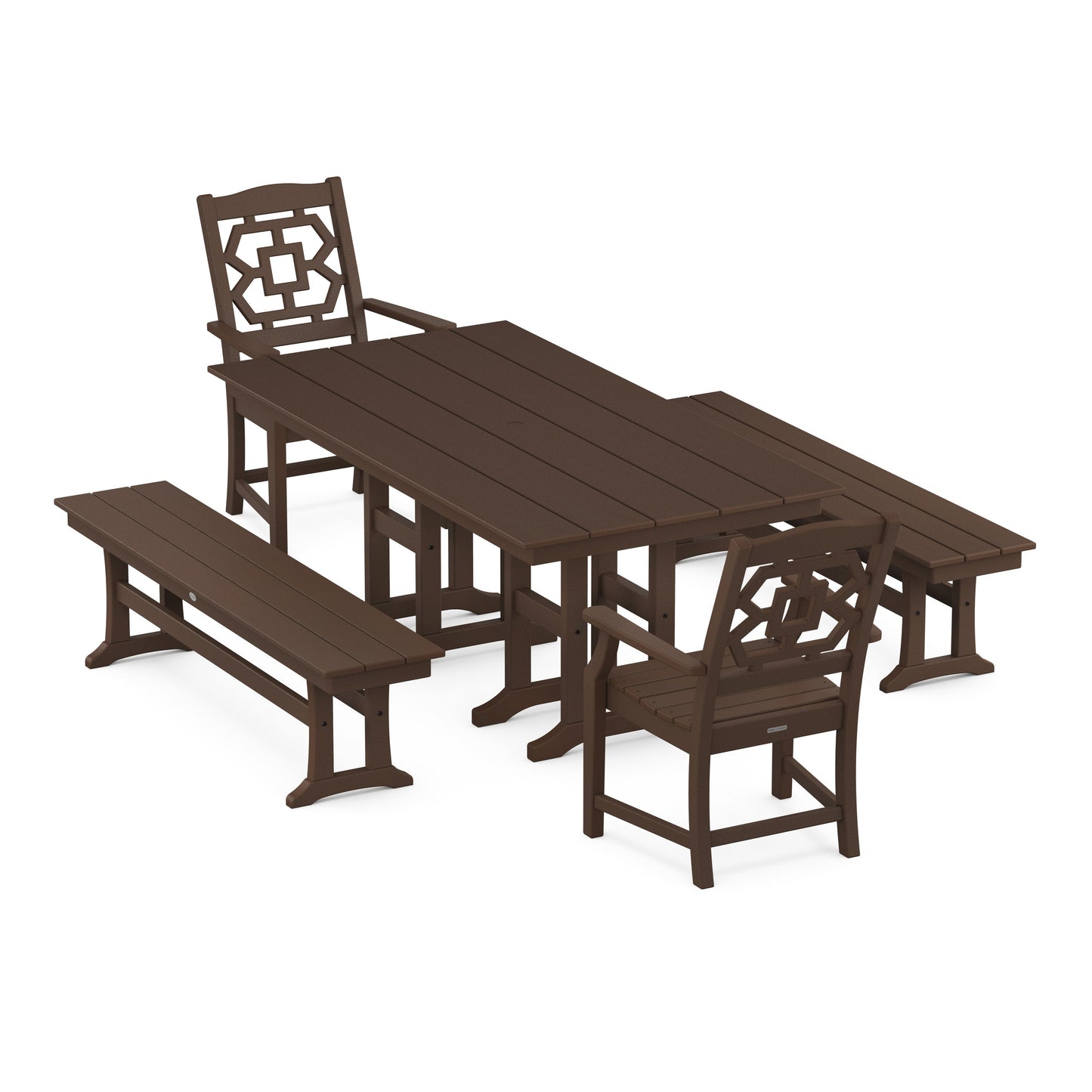 POLYWOOD Chinoiserie 5-Piece Farmhouse Dining Set with Benches — Mahogany