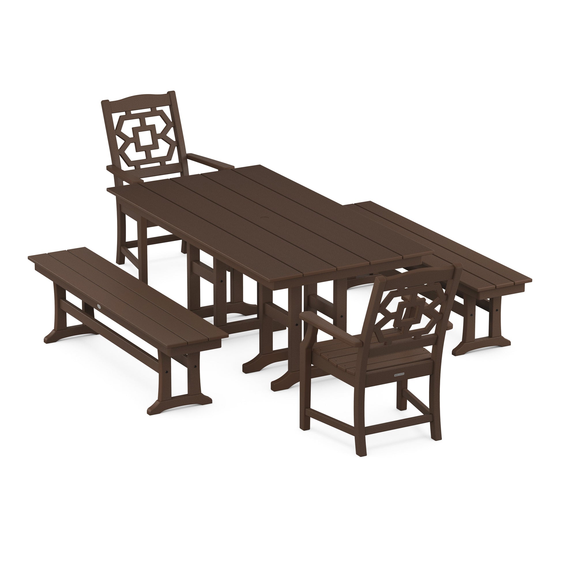 POLYWOOD Chinoiserie 5-Piece Farmhouse Dining Set with Benches — Mahogany