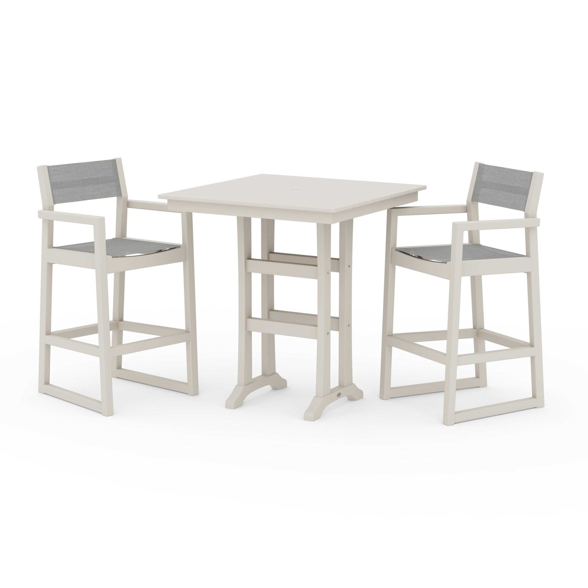 POLYWOOD EDGE Sling Arm Chair 3-Piece Farmhouse Bar Set with Trestle Legs — Sand / Metallic Sling