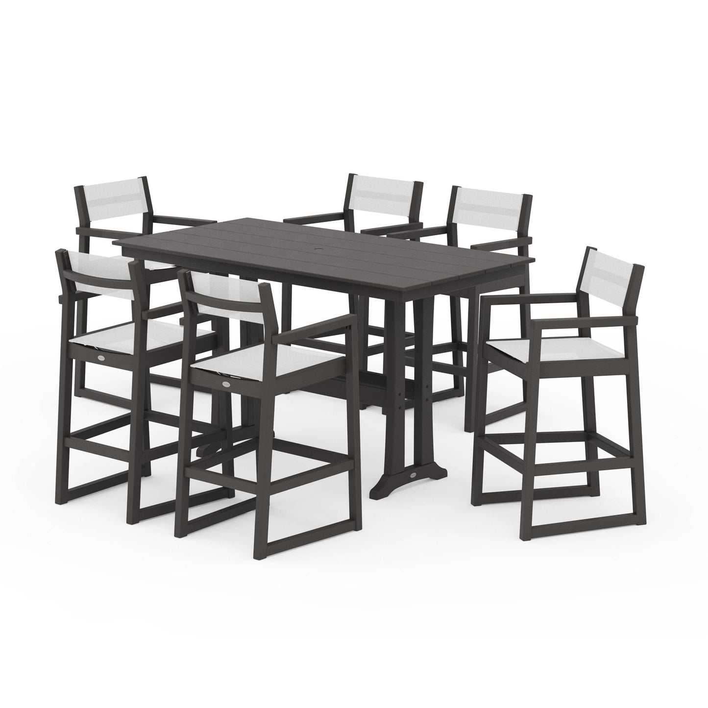 POLYWOOD EDGE Sling Arm Chair 7-Piece Farmhouse Bar Set with Trestle Legs — Vintage Coffee / White Sling
