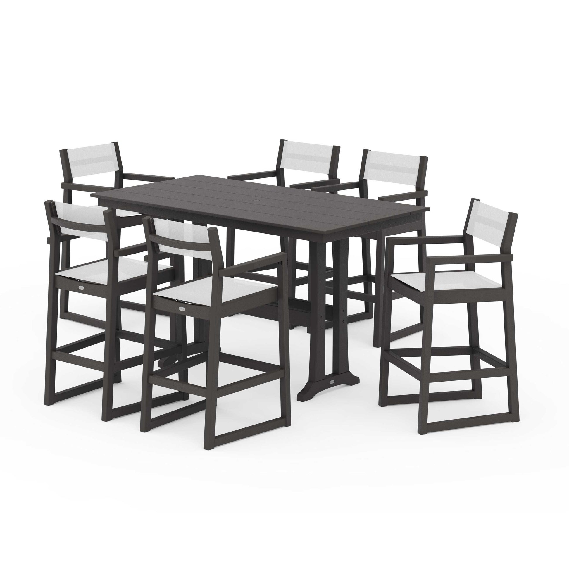 POLYWOOD EDGE Sling Arm Chair 7-Piece Farmhouse Bar Set with Trestle Legs — Vintage Coffee / White Sling