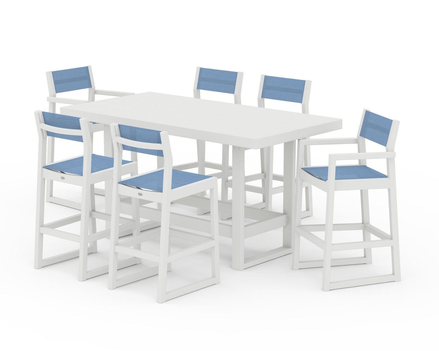 POLYWOOD EDGE Sling 7-Piece Bar Table Set — Vintage White / Poolside Sling