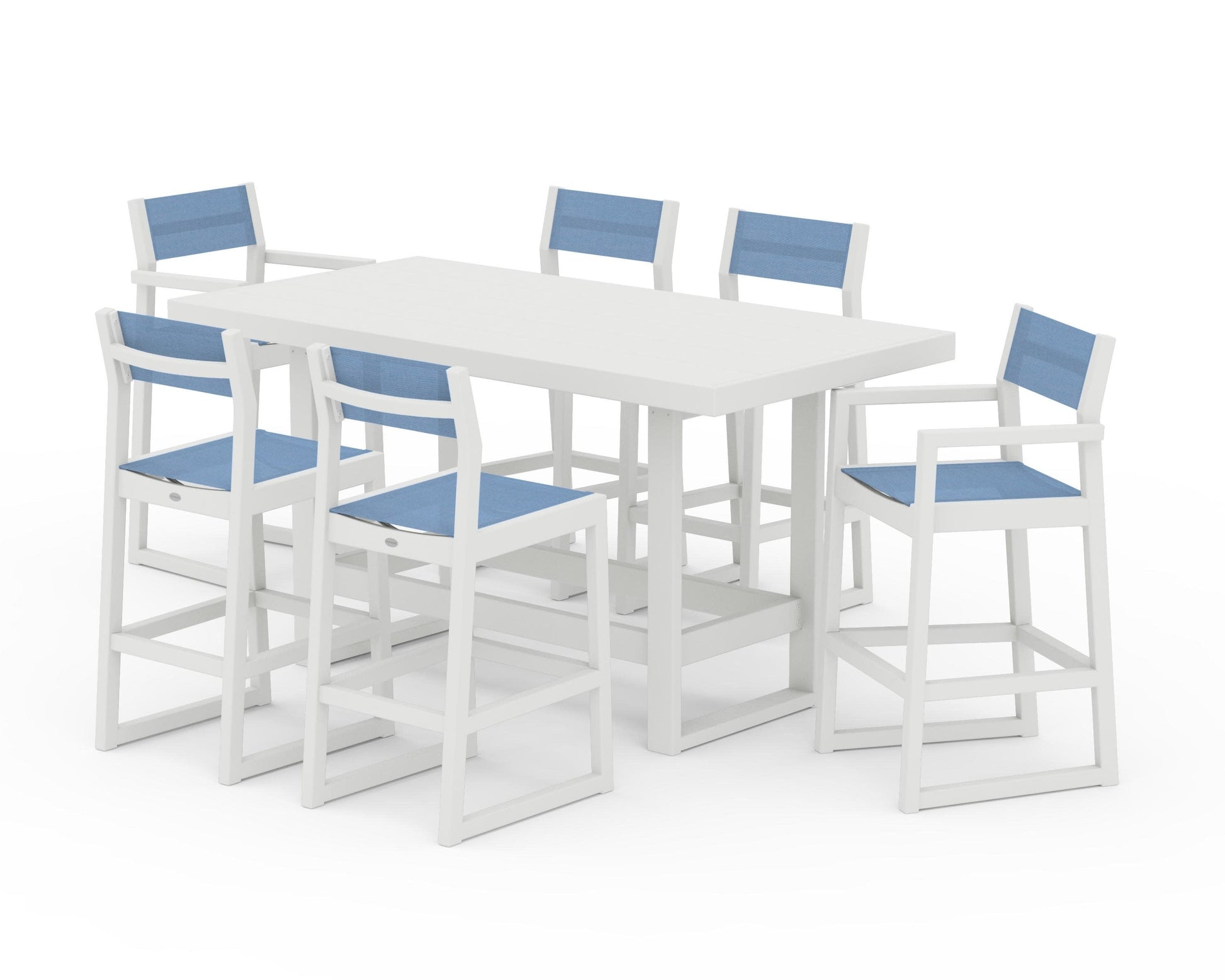 POLYWOOD EDGE Sling 7-Piece Bar Table Set — Vintage White / Poolside Sling