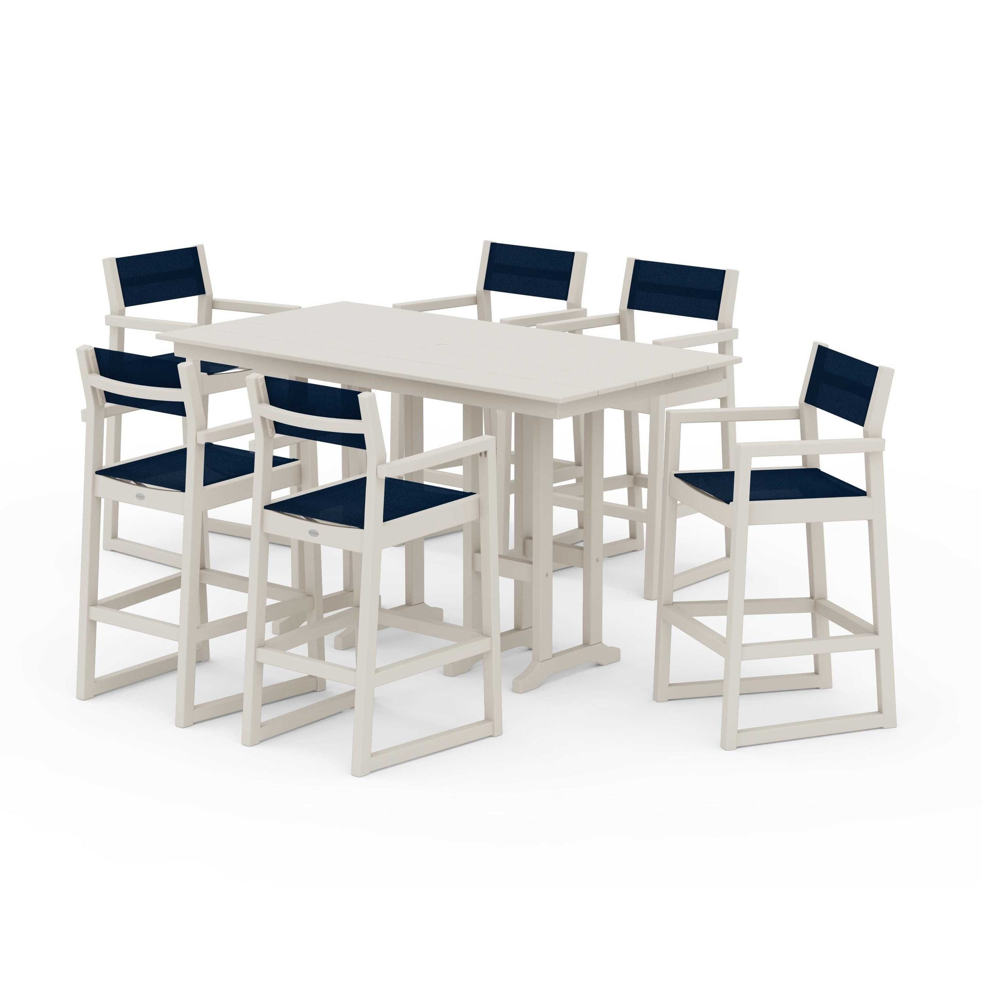 POLYWOOD EDGE Sling Arm Chair 7-Piece Farmhouse Bar Set — Sand / Navy Blue Sling