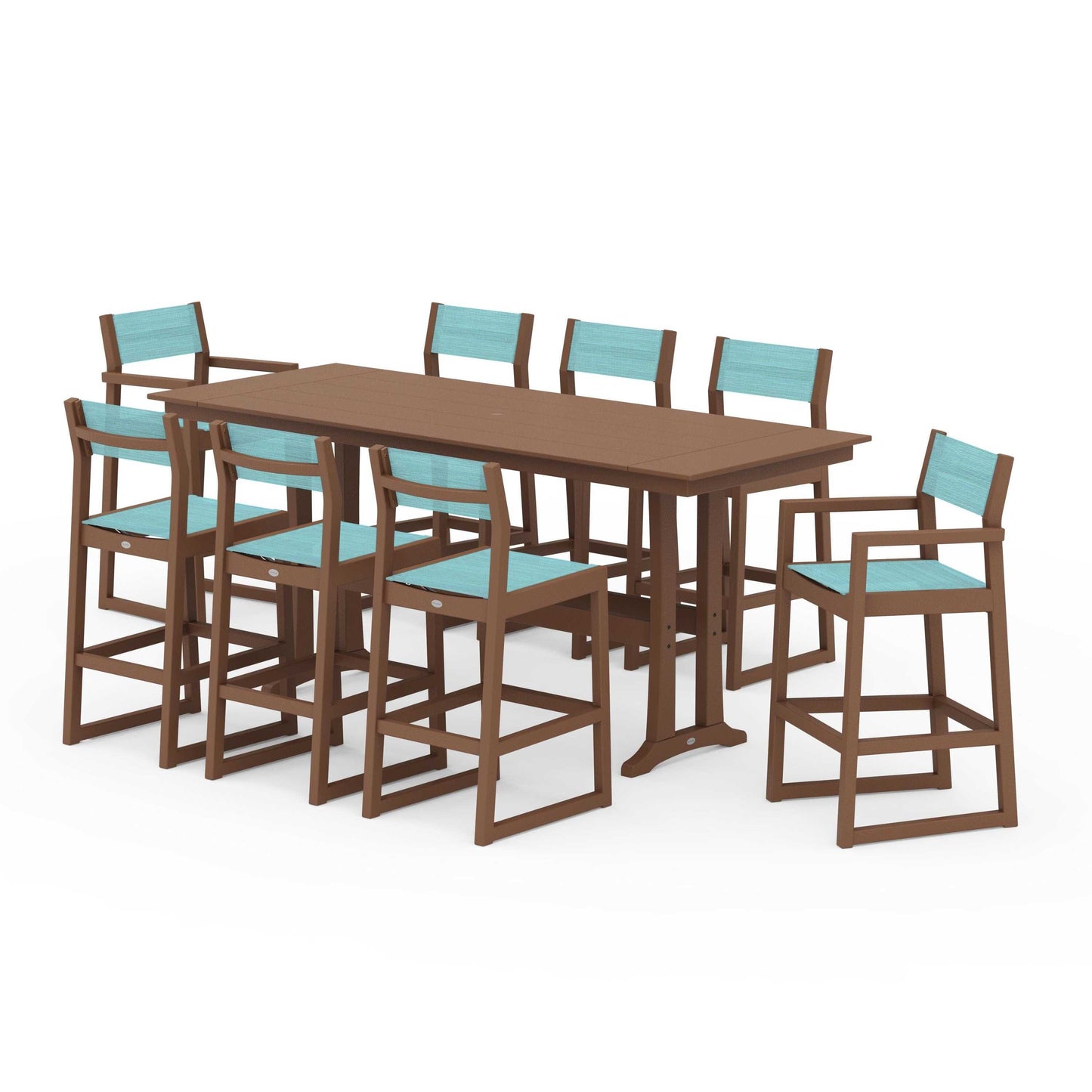 POLYWOOD EDGE Sling 9-Piece Farmhouse Bar Set with Trestle Legs — Teak / Dupioni Aquamarine Sling