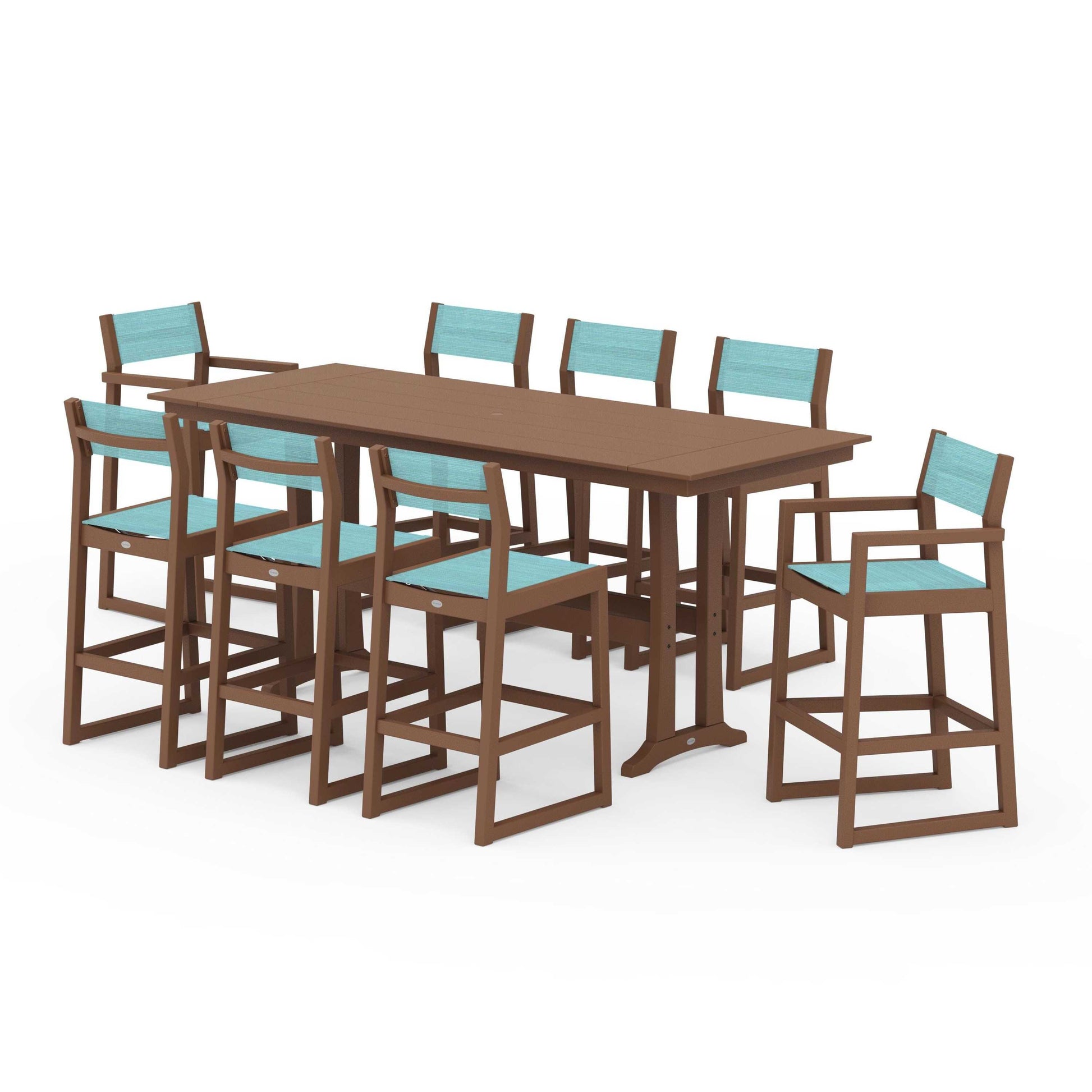 POLYWOOD EDGE Sling 9-Piece Farmhouse Bar Set with Trestle Legs — Teak / Dupioni Aquamarine Sling