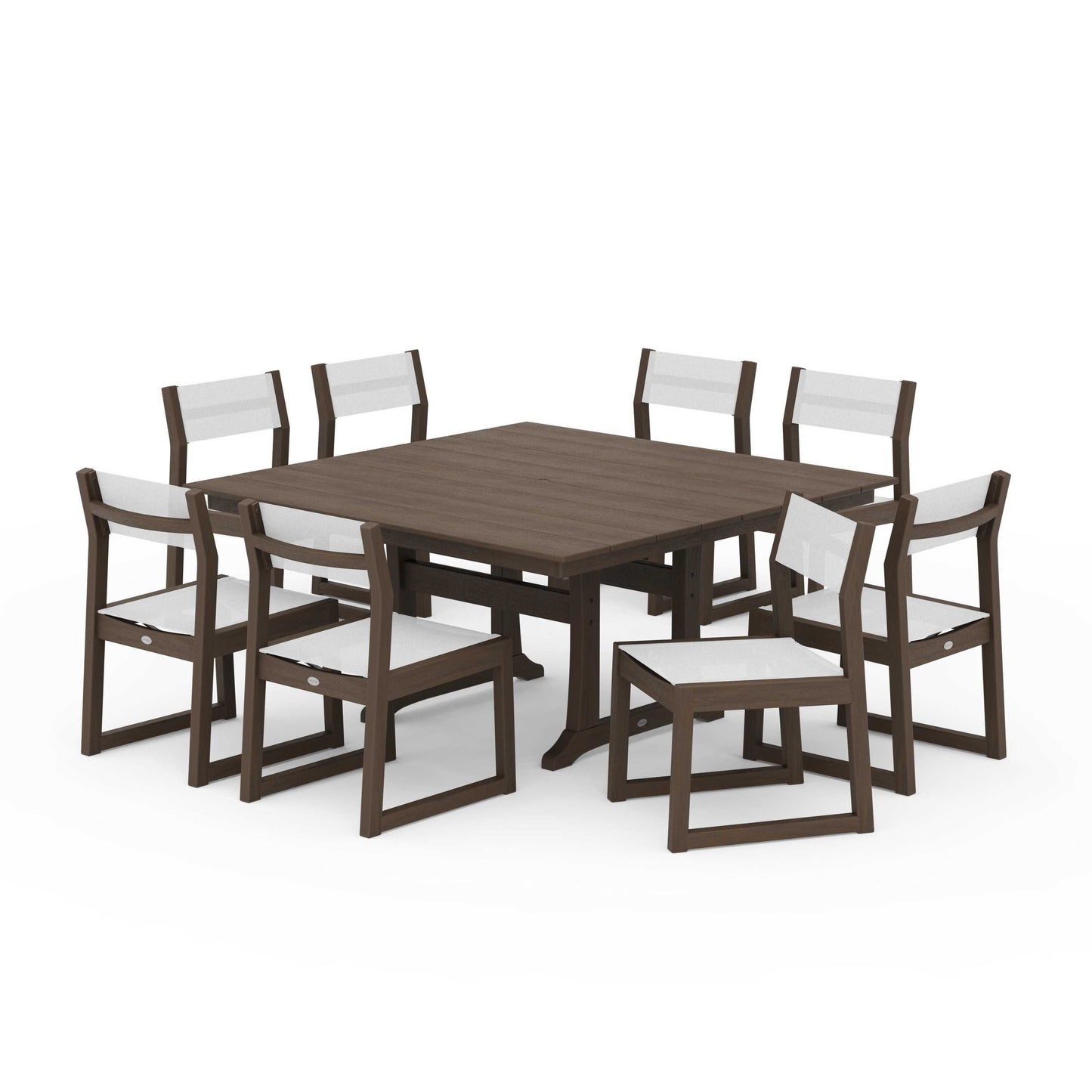 POLYWOOD EDGE Sling Side Chair 9-Piece Farmhouse Trestle Dining Set — Kona / White Sling