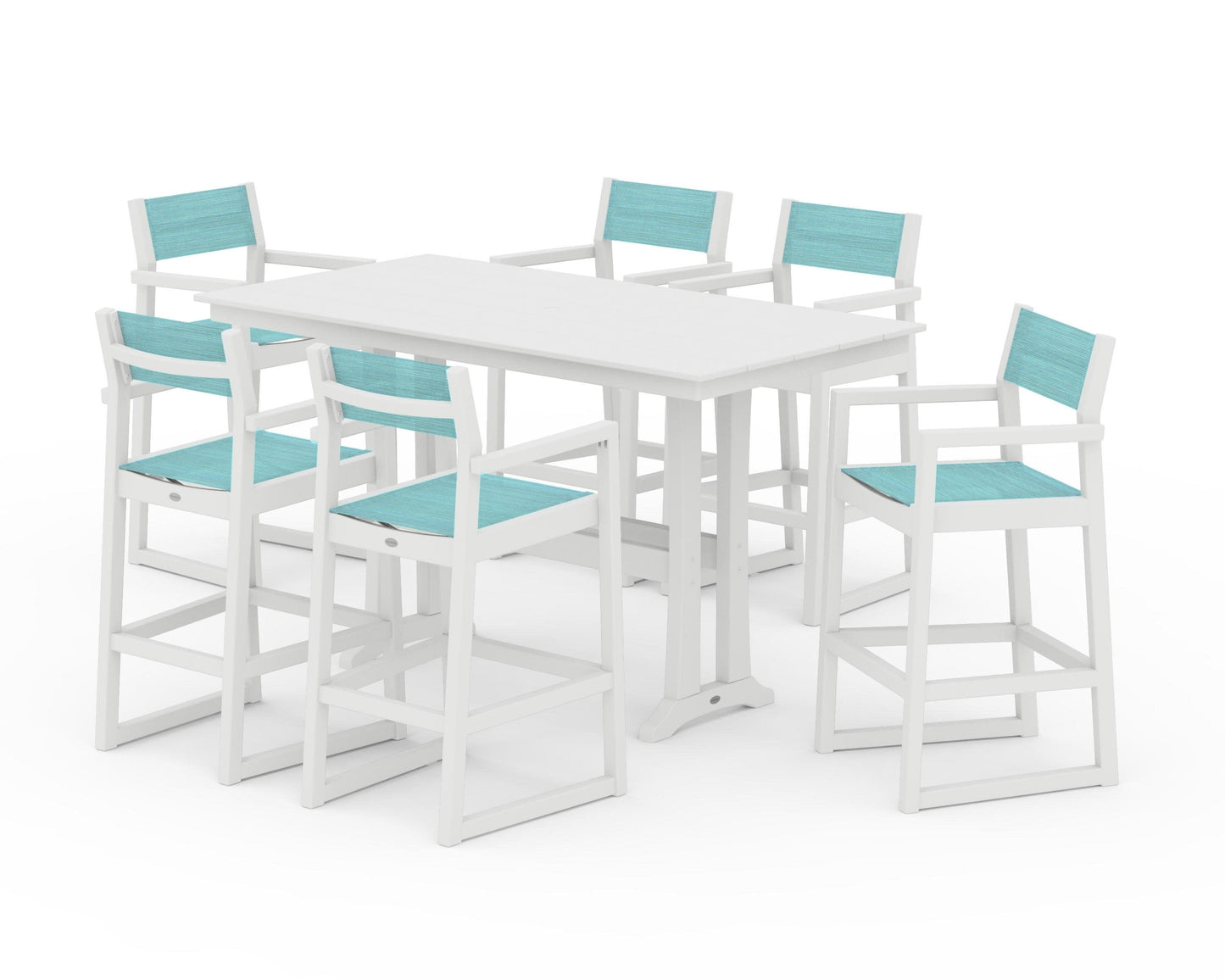 POLYWOOD EDGE Sling Arm Chair 7-Piece Farmhouse Bar Set with Trestle Legs — White / Dupioni Aquamarine Sling