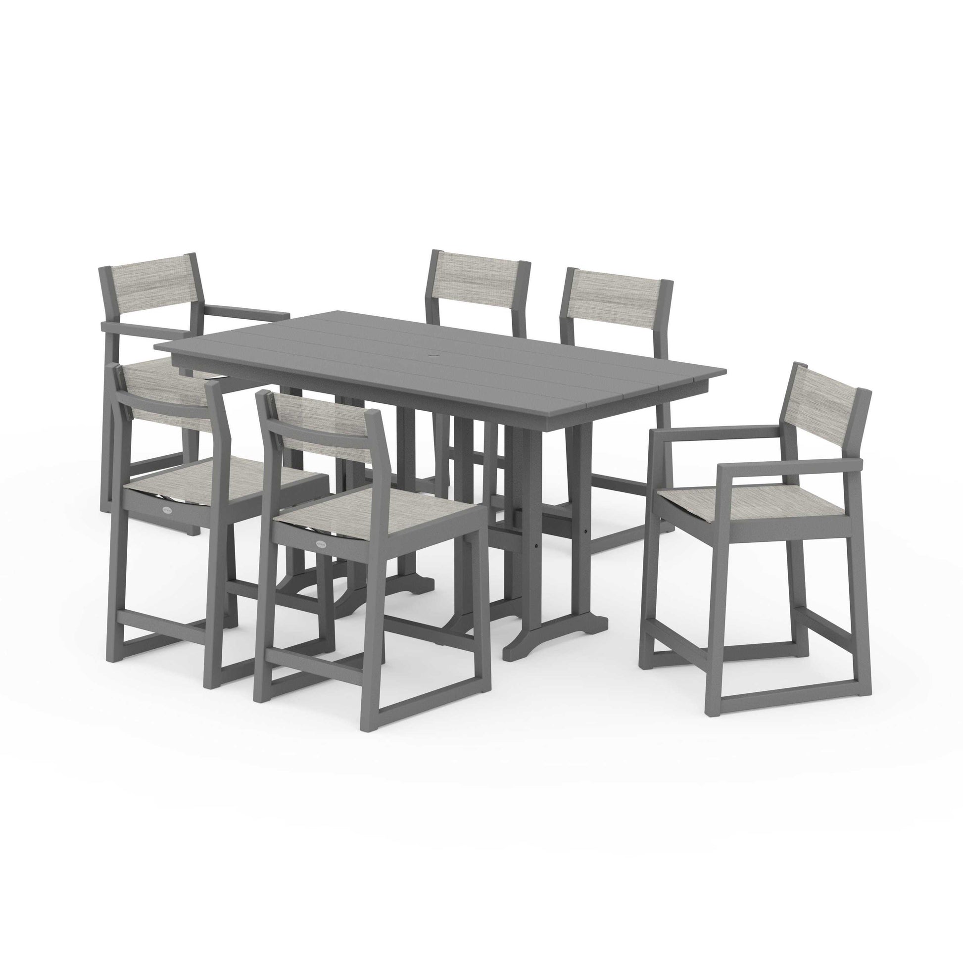 POLYWOOD EDGE Sling 7-Piece Farmhouse Counter Set with Trestle Legs — Slate Grey / Birch Sling