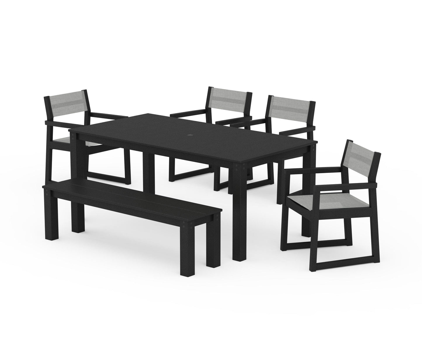 POLYWOOD EDGE Sling Arm Chair 6-Piece Parsons Dining Set with Bench — Black / Metallic Sling