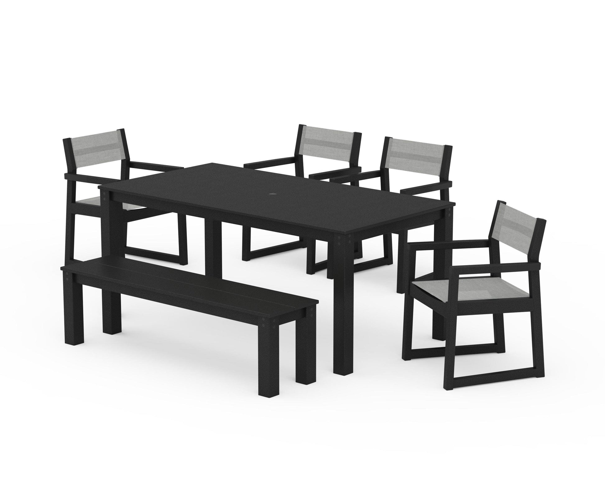 POLYWOOD EDGE Sling Arm Chair 6-Piece Parsons Dining Set with Bench — Black / Metallic Sling