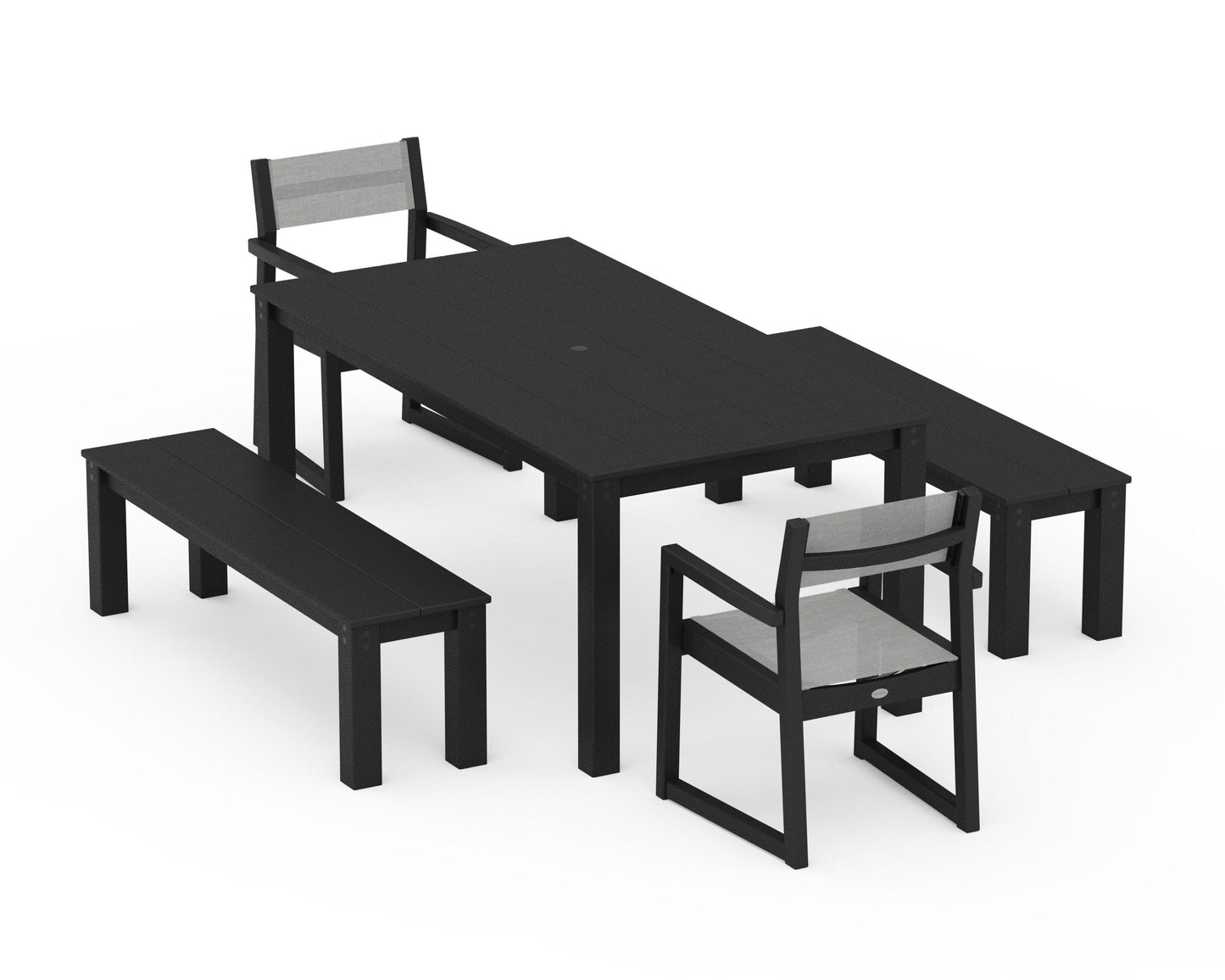 POLYWOOD EDGE Sling Arm Chair 5-Piece Parsons Dining Set with Benches — Black / Metallic Sling