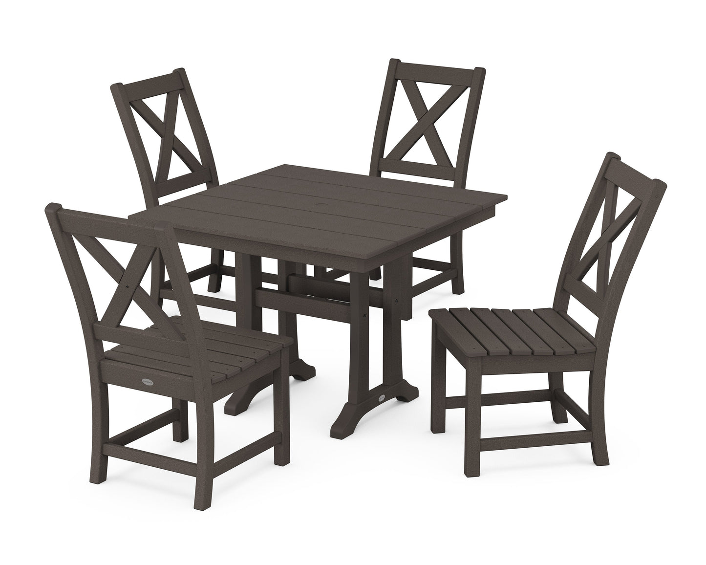 POLYWOOD Braxton Side Chair 5-Piece Farmhouse Dining Set With Trestle Legs — Vintage Coffee