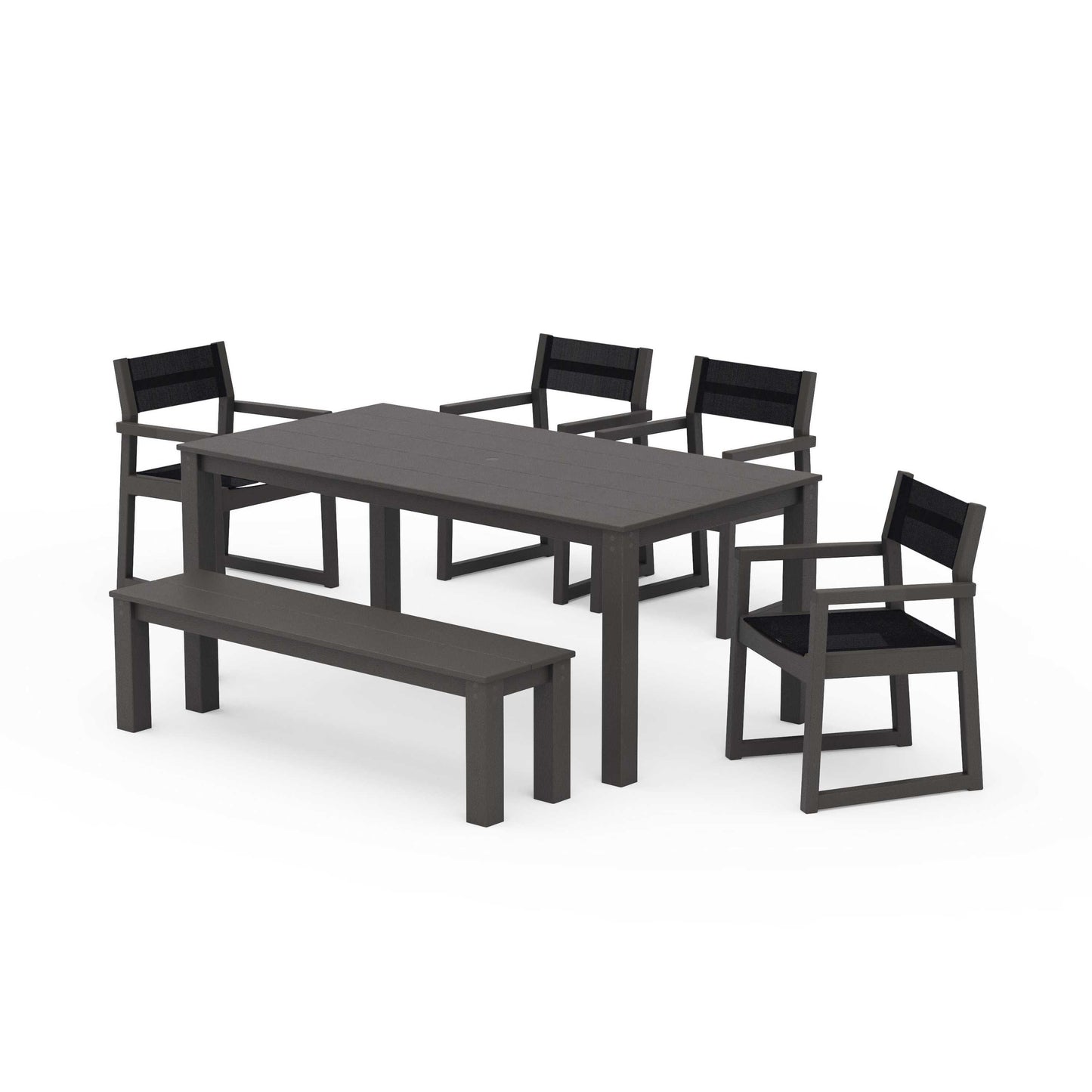 POLYWOOD EDGE Sling Arm Chair 6-Piece Parsons Dining Set with Bench — Vintage Coffee / Black Sling