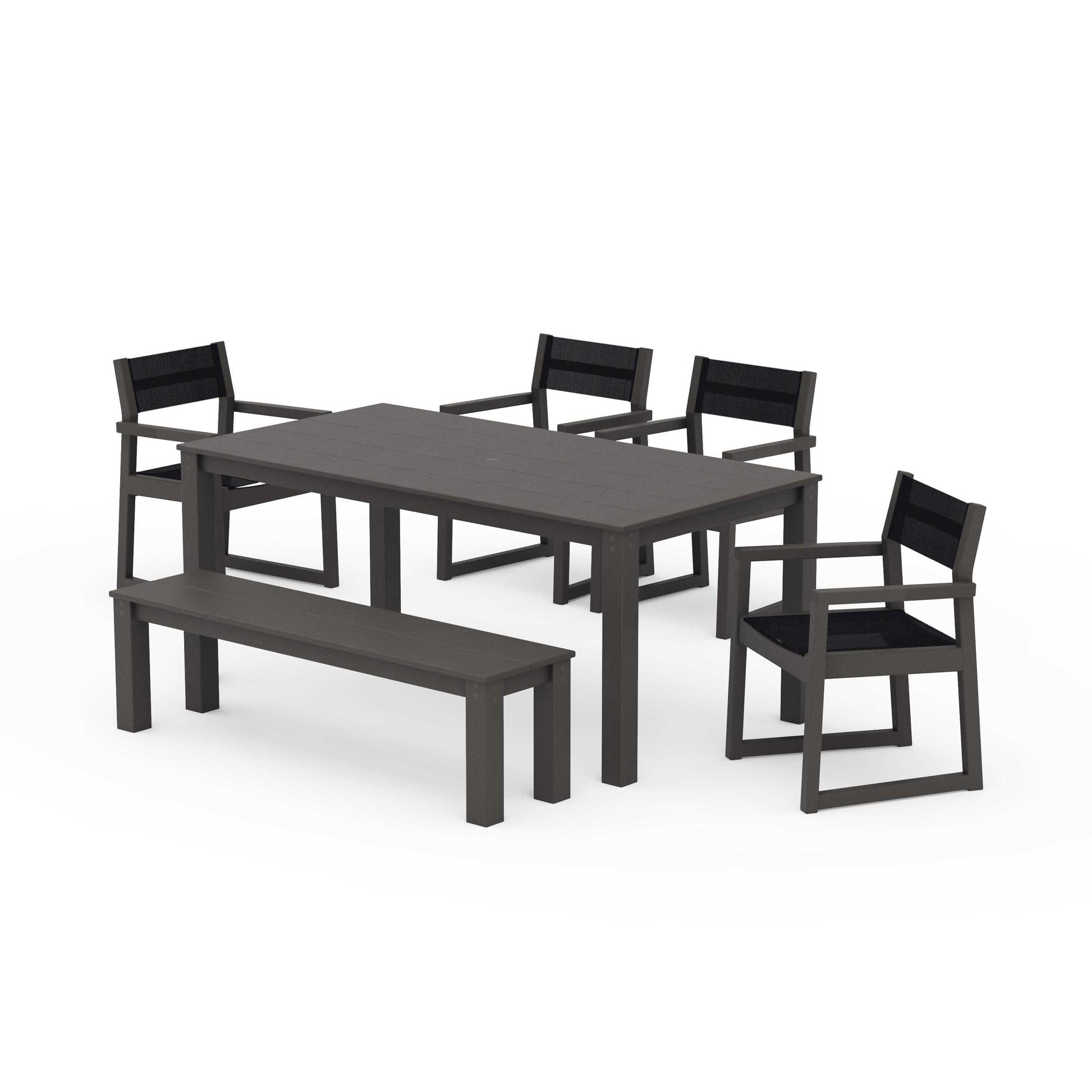 POLYWOOD EDGE Sling Arm Chair 6-Piece Parsons Dining Set with Bench — Vintage Coffee / Black Sling