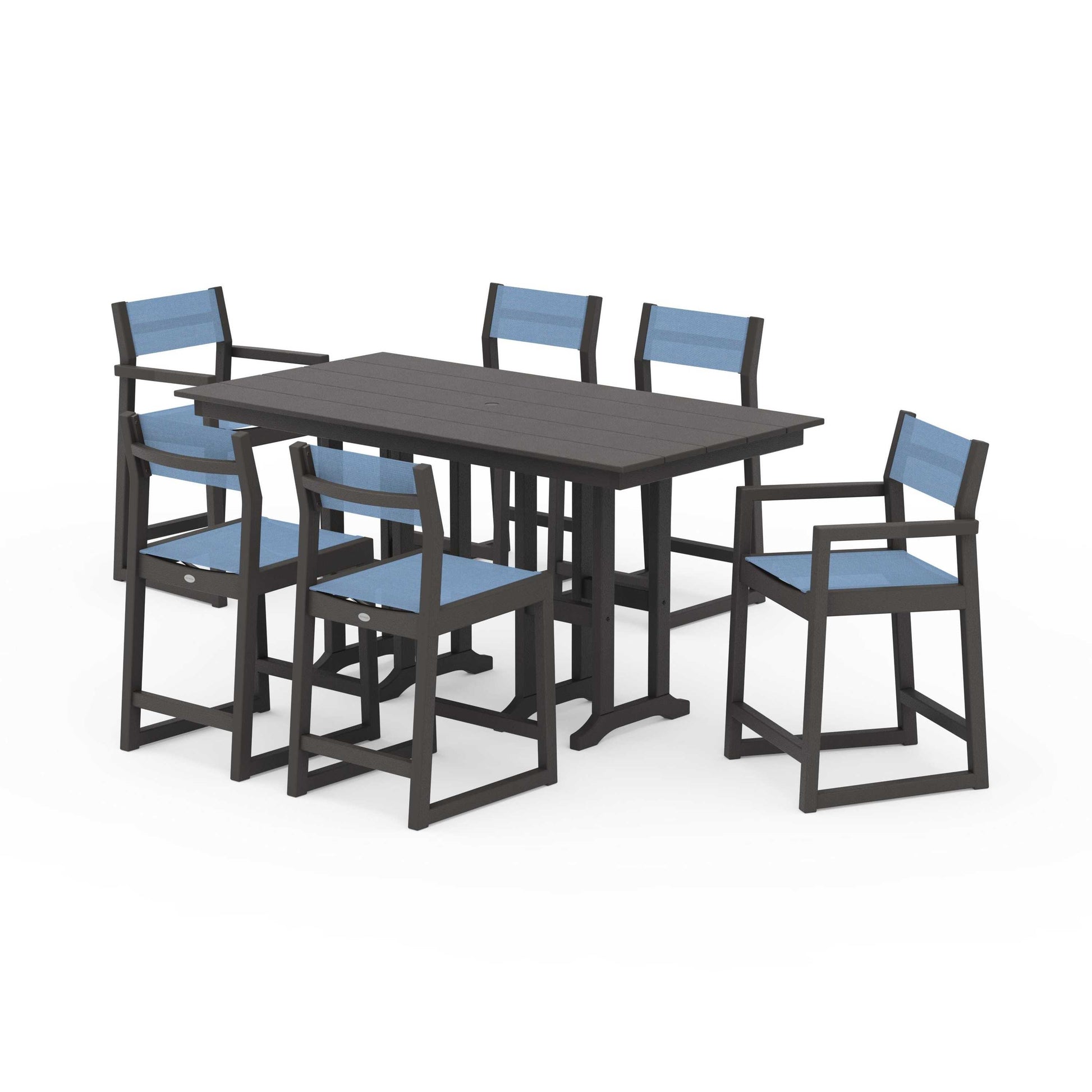 POLYWOOD EDGE Sling 7-Piece Farmhouse Counter Set with Trestle Legs — Vintage Coffee / Poolside Sling