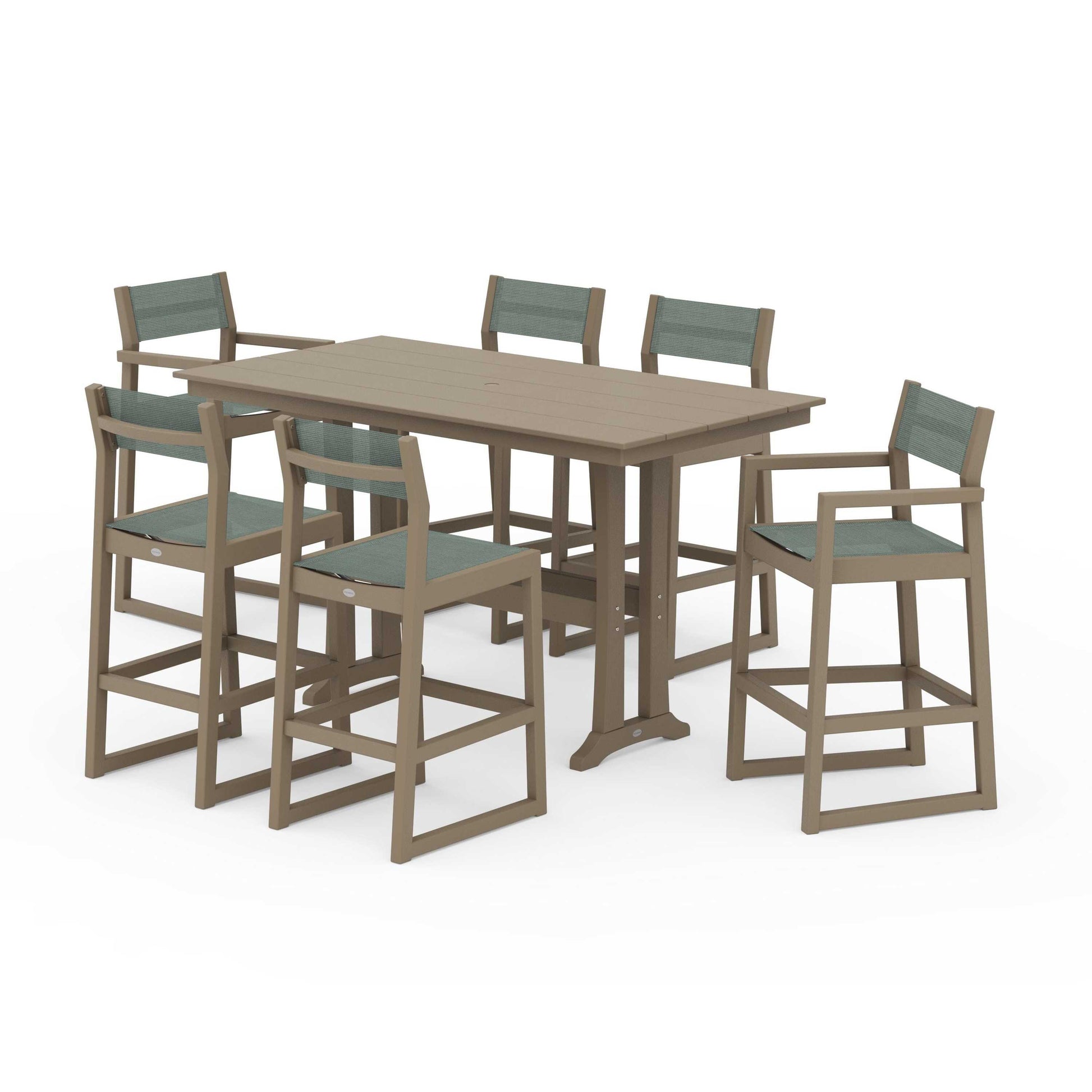 POLYWOOD EDGE Sling 7-Piece Farmhouse Bar Set with Trestle Legs — Vintage Sahara / Dupioni Sea Mist Sling
